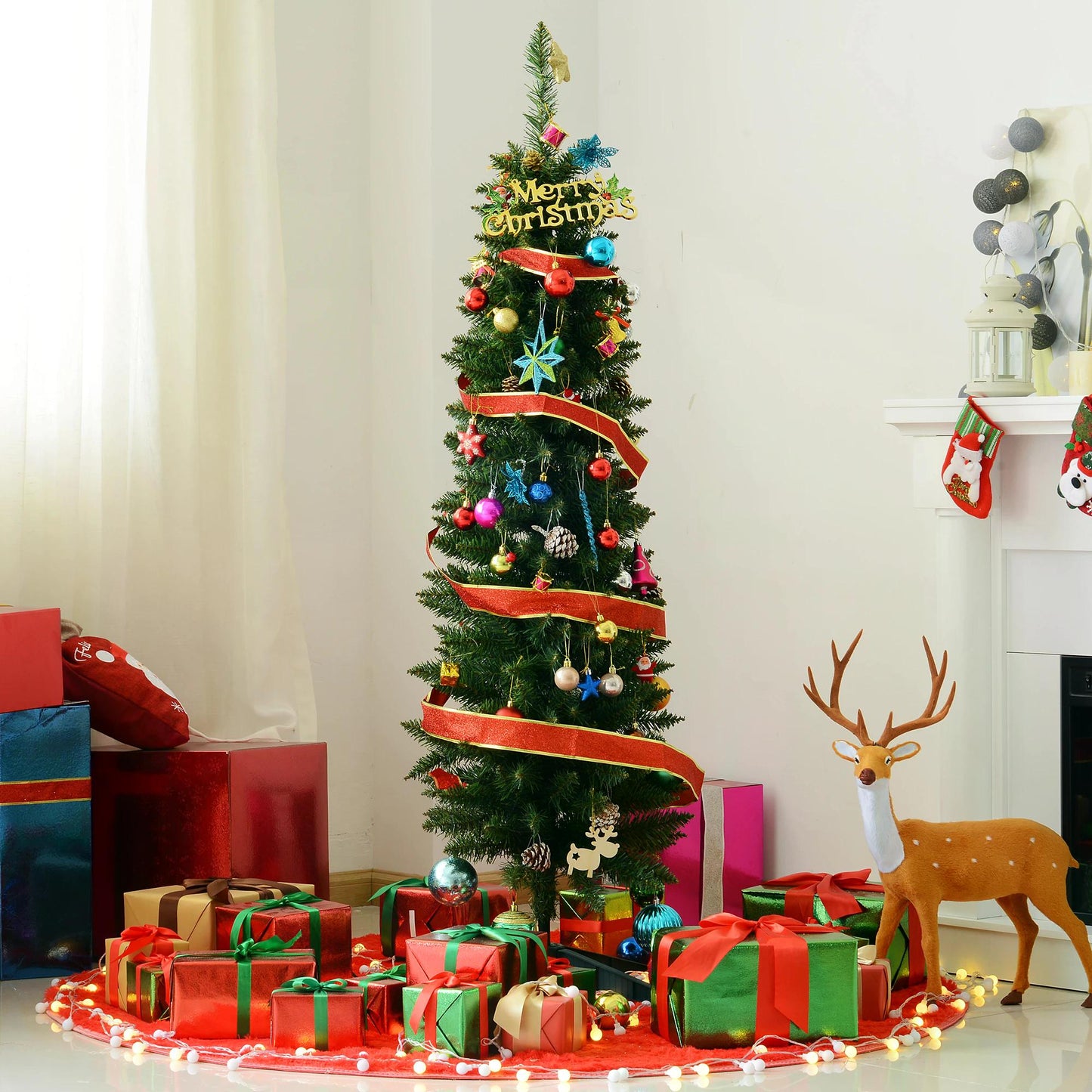 HOMCOM 5ft Unlit Artificial Christmas Tree, Pencil Slim Xmas Tree with Solid Stand and Realistic Branches, Green