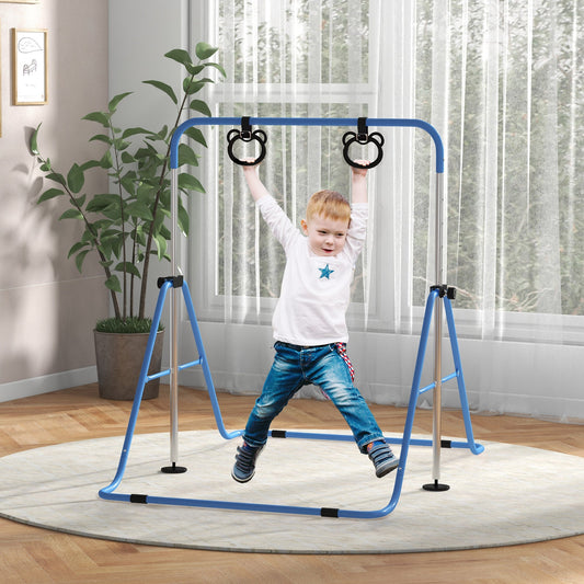 HOMCOM Adjustable Height, Foldable Kids Gymnastics Bar w/ Non-slip Rubber Floor Rings, for 3+ Years, Blue
