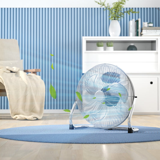 HOMCOM 20" Chrome Metal Floor Fan with Tilting, High Velocity, 3 Speed, Portable Gym Fan for Home Office, Silver