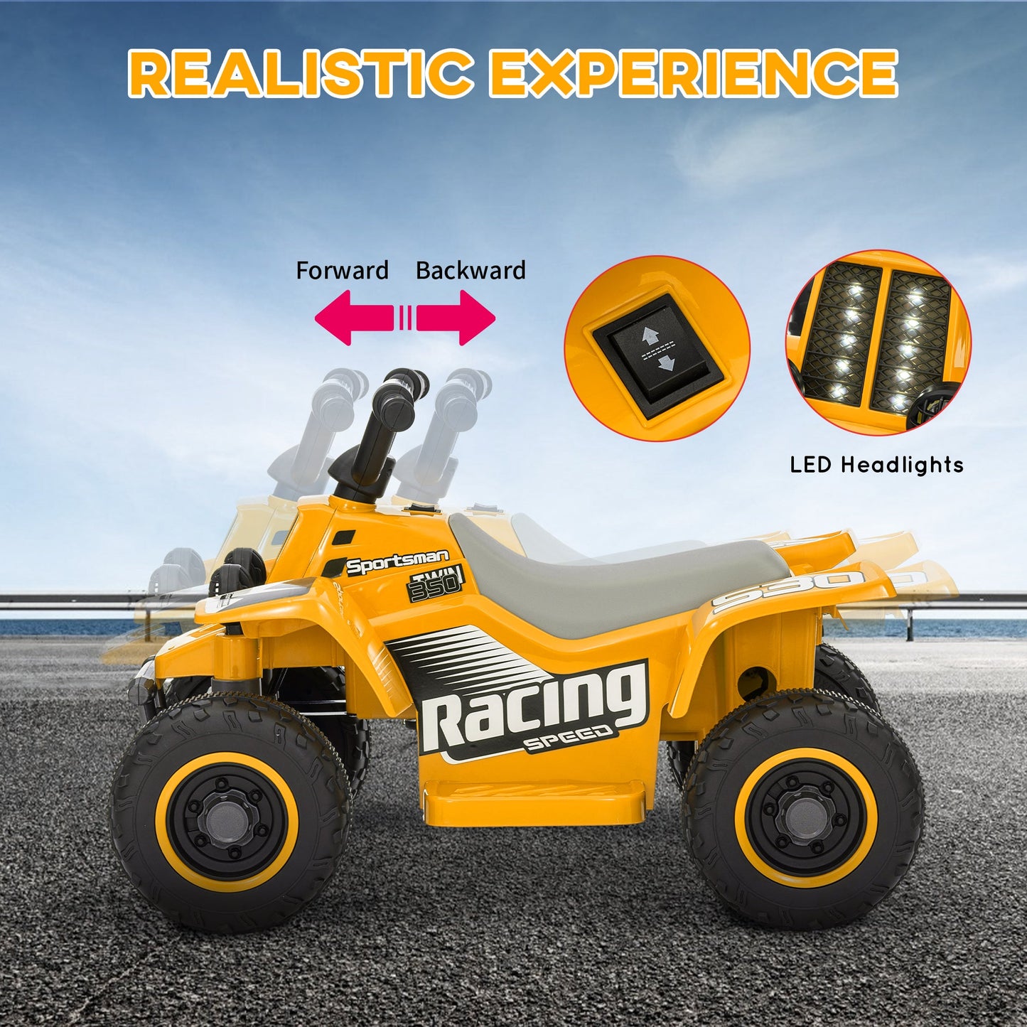AIYAPLAY 6V Elektryczny Quad dla Dzieci, Jeździk ATV z Przodu Do Tyłu, Reflektory, dla 18-36 Miesięcy, Żółty