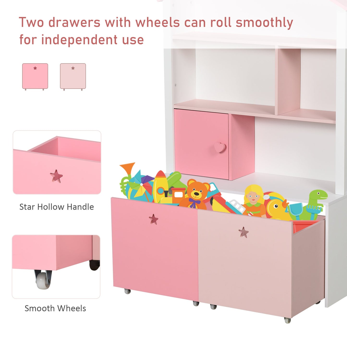 HOMCOM Dziecięca półka na książki z szufladą na kółkach, organizer na zabawki dla dzieci, stojak ekspozycyjny, szafka do przechowywania, 80x34x130cm, różowa