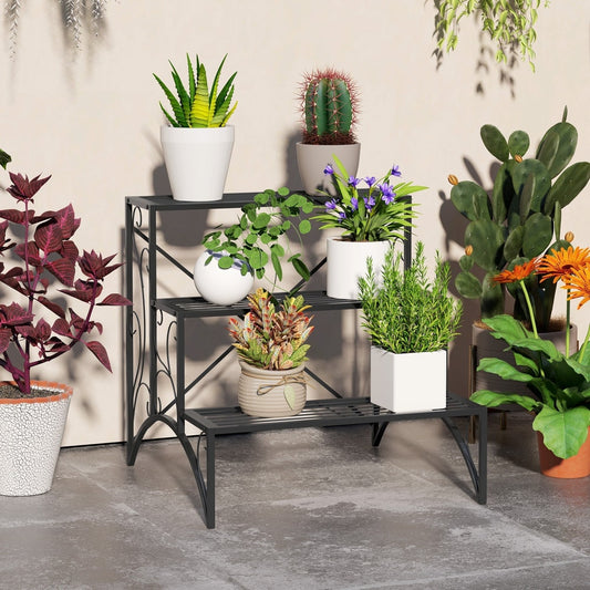 Outsunny Three-Tier Decorative Metal Plant Stand in Black, image 2