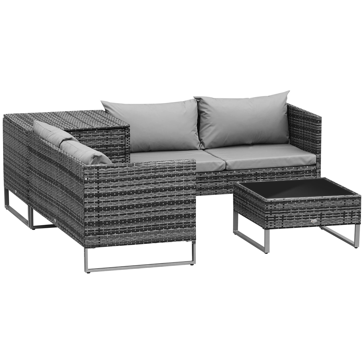 Outsunny 4-częściowy zestaw mebli ogrodowych z rattanu, wikliny, narożna sofa, siedzisko i stolik z poduszkami, stolik boczny, mieszany szary