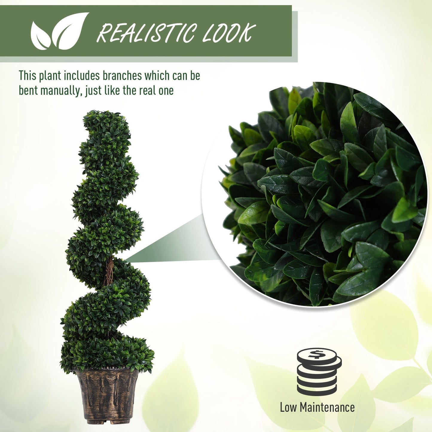 Outsunny Set of 2 Artificial Boxwood Spiral Topiary Trees Potted Decorative Plant Outdoor and Indoor DŽcor 120cm