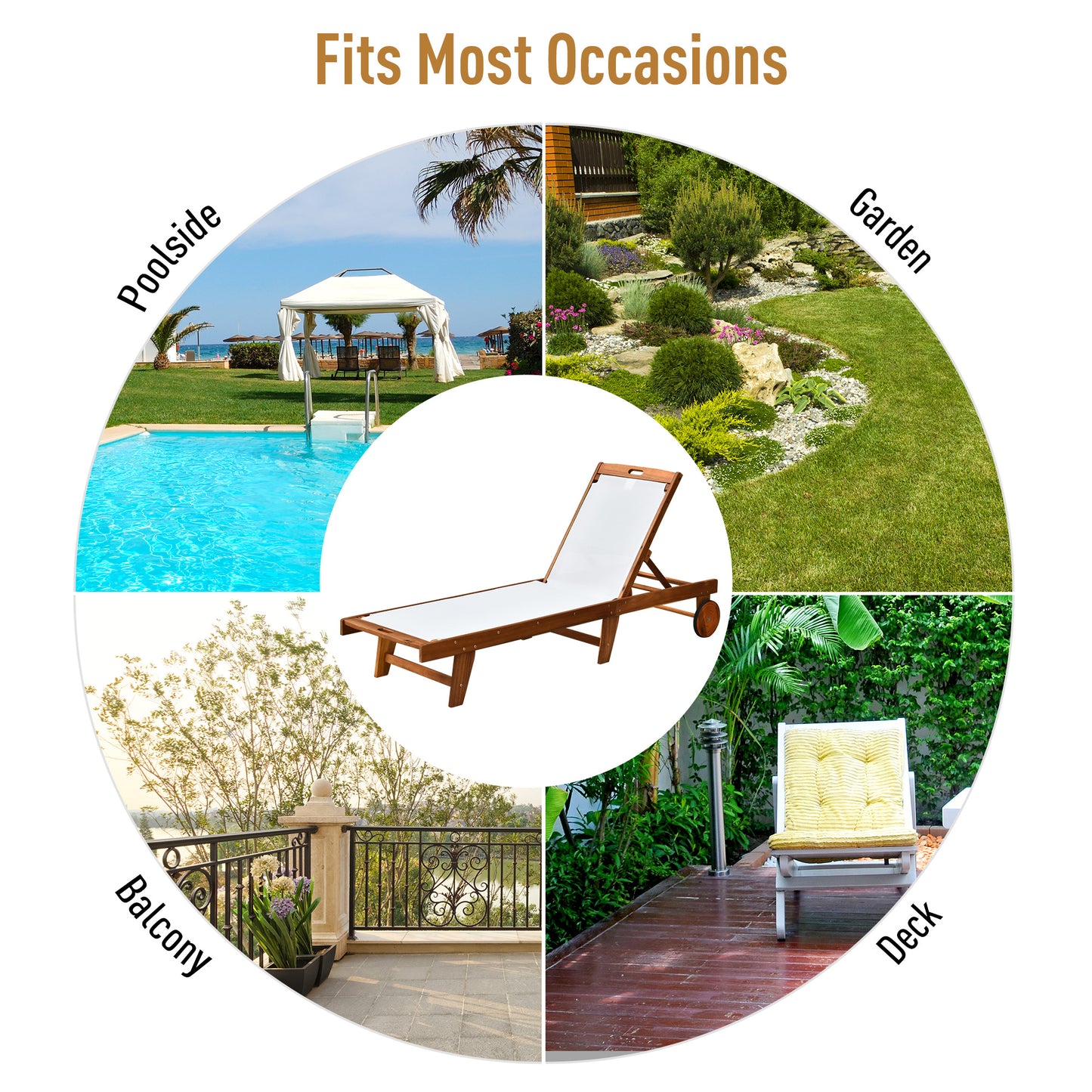 Outsunny Outdoor Acacia Wood Texteline Beach Sun Lounger Garden Patio Solarbed Recliner Chaise Adjustable Backrest with Wheels