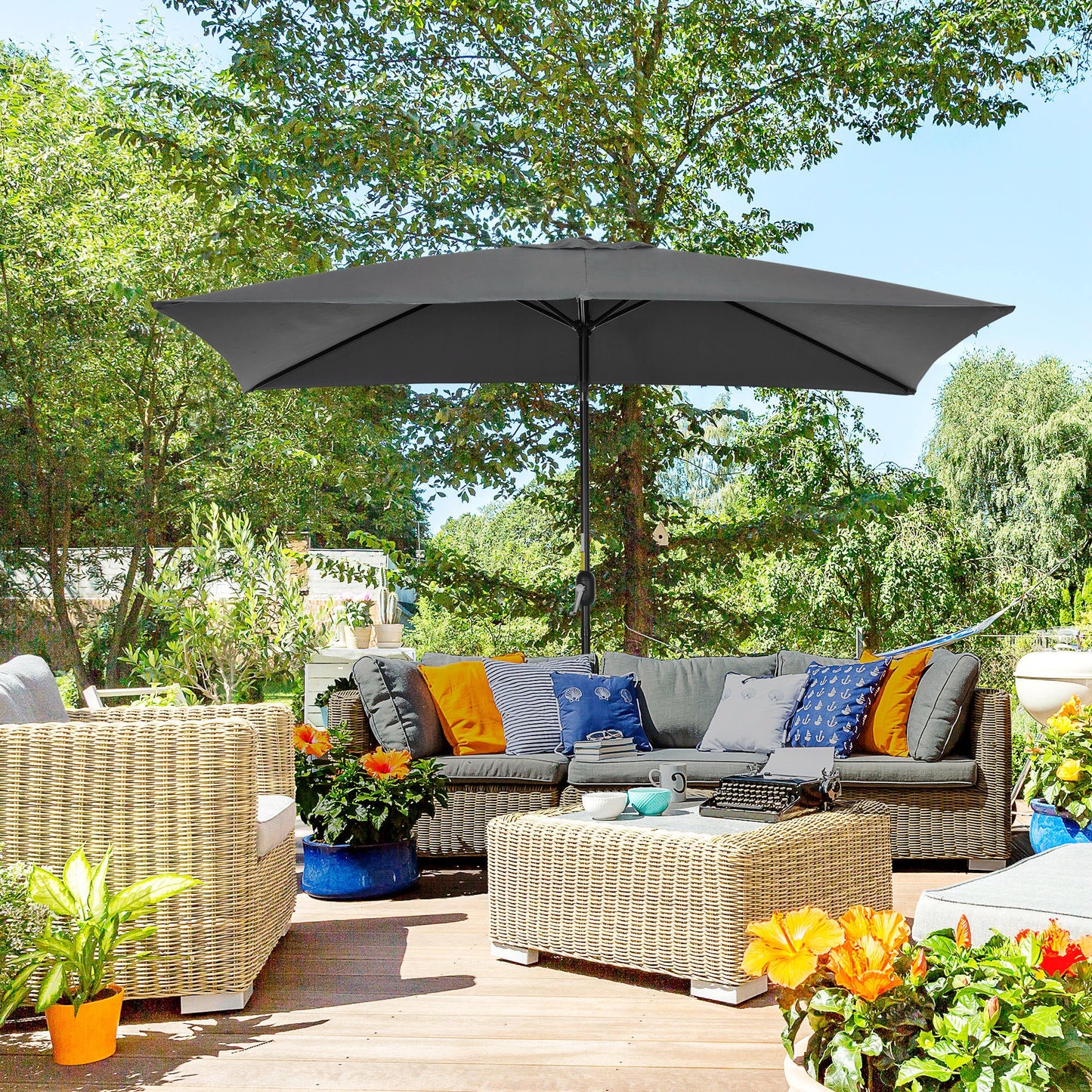 Outsunny 3x2m Patio Parasol Garden Umbrellas Canopy with Aluminium Tilt Crank Rectangular Sun Shade Steel, Black