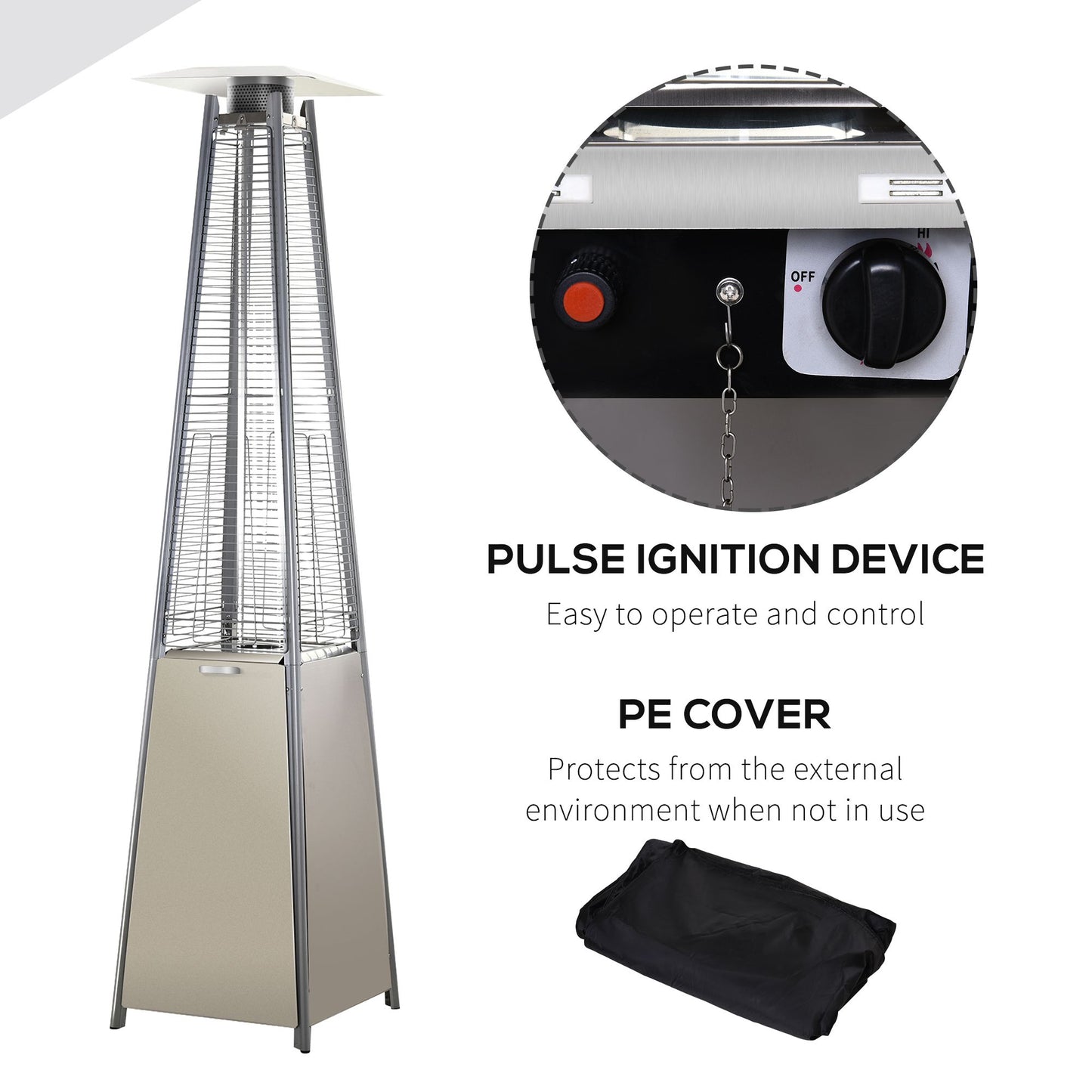 Outsunny Stal nierdzewna Outdoor Garden Pyramid Patio Heater z kółkami i osłoną przeciwdeszczową - srebrny