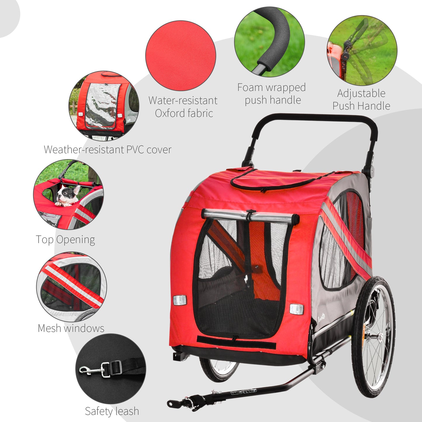 PawHut 2-w-1 Przyczepka rowerowa dla psa Wózek dla zwierząt z uniwersalną odblaskową flagą na kołach w kolorze czerwonym