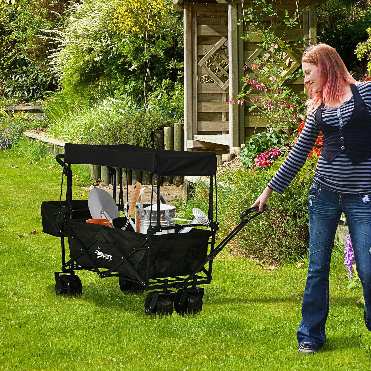 Outsunny Folding Trolley Cart Storage Wagon Beach Trailer 4 Wheels with Handle Overhead Canopy Cart Push Pull for Camping, Black