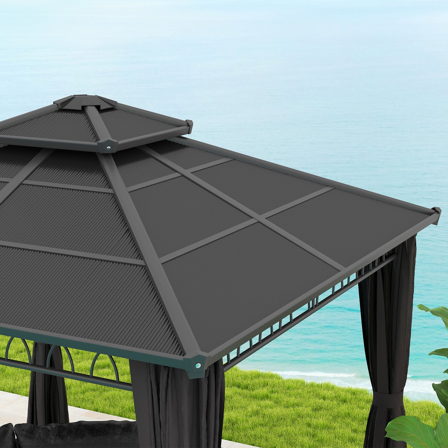 Outsunny 3 x 3 (m) Outdoor Polycarbonate Gazebo, Double Roof Hard Top Gazebo with Galvanised Steel Frame, Nettings & Curtains for Garden, Lawn, Patio and Deck, Dark Grey