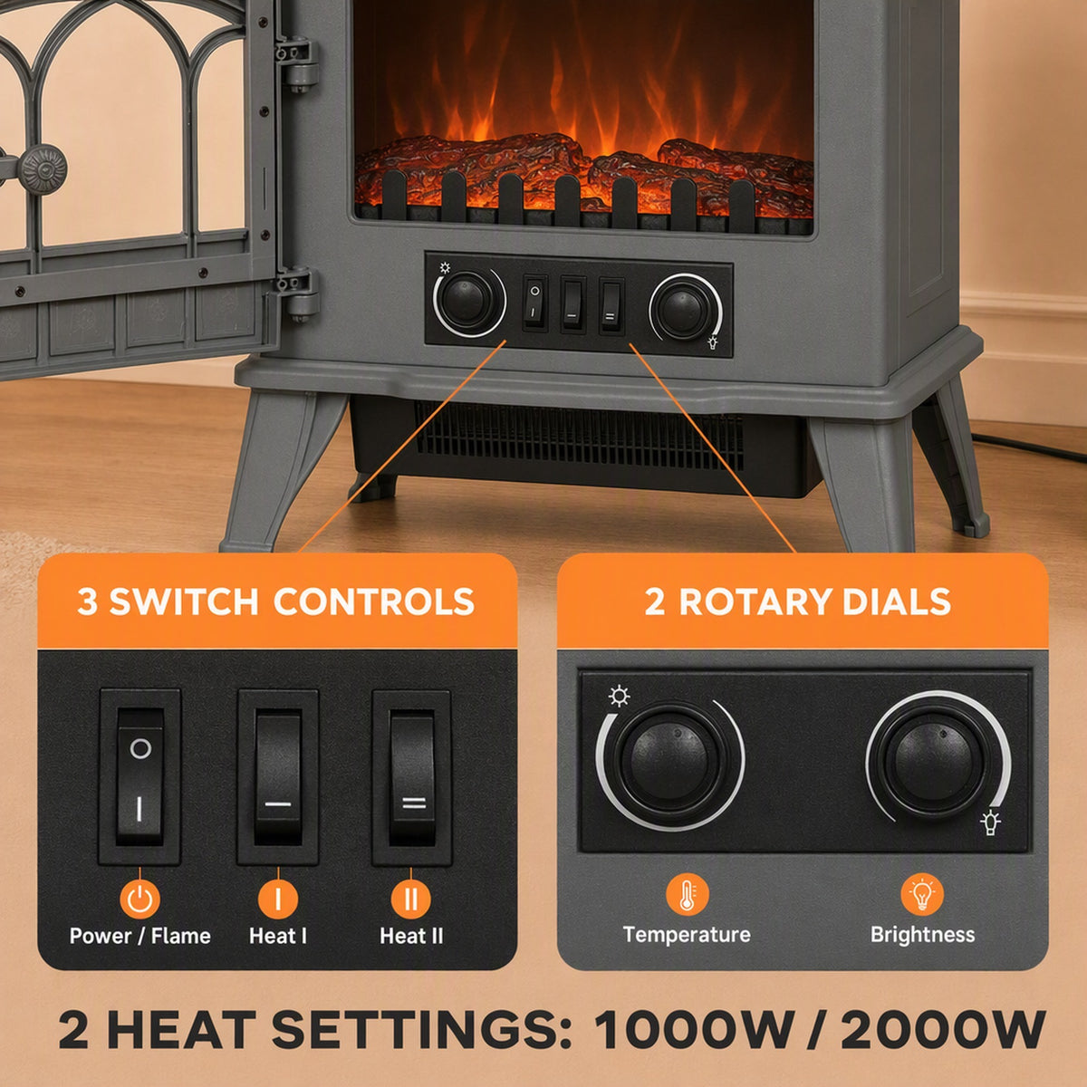 HOMCOM Freestanding Electric Fireplace, Electric Log Burner with LED Flame Effect, Overheating Safety System, 1000W/2000W Grey