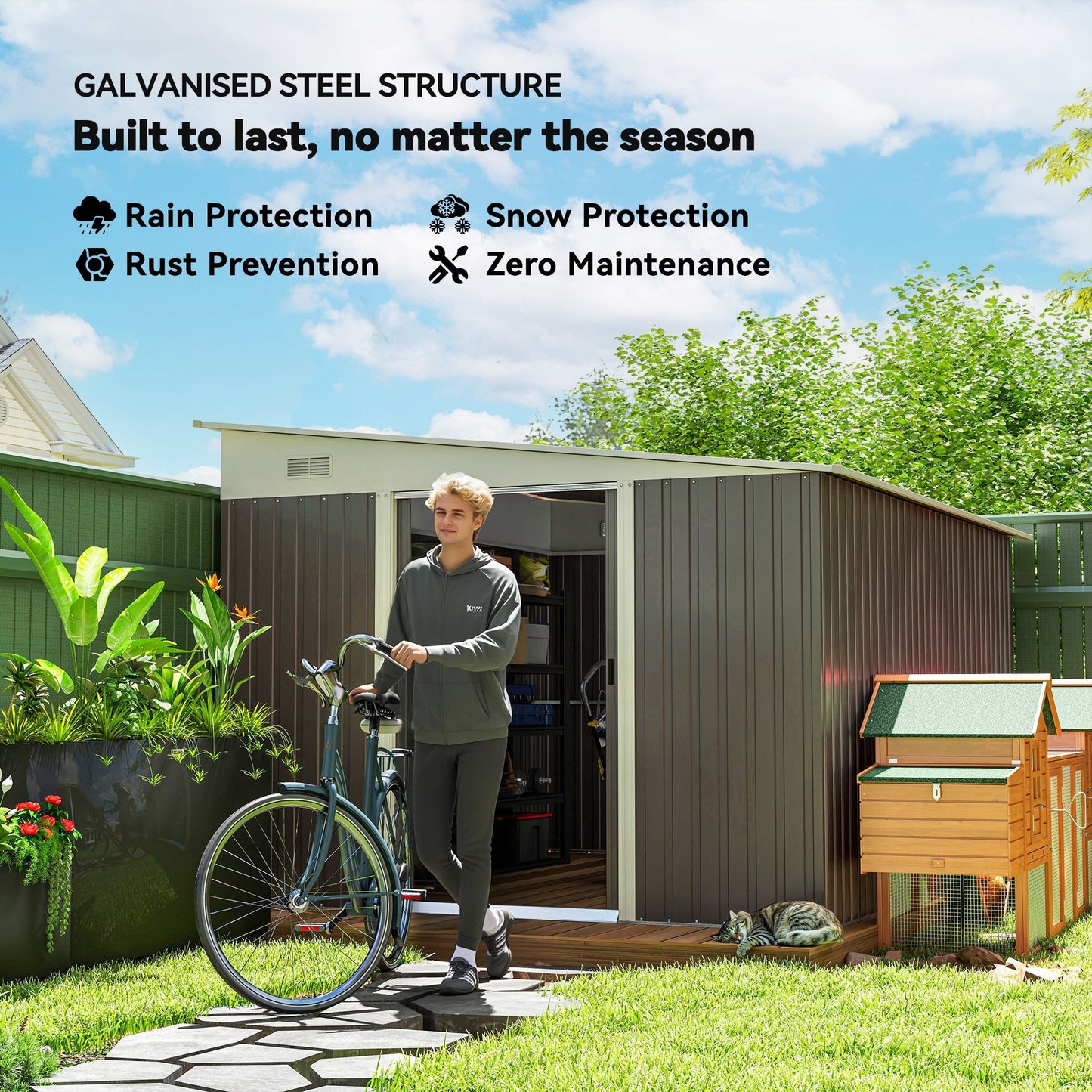 Outsunny 11,3 x 9,2 ft Lean to Metal Garden Shed, zewnętrzny ocynkowany domek do przechowywania narzędzi z podwójnymi drzwiami przesuwnymi i 2 otworami wentylacyjnymi, szary