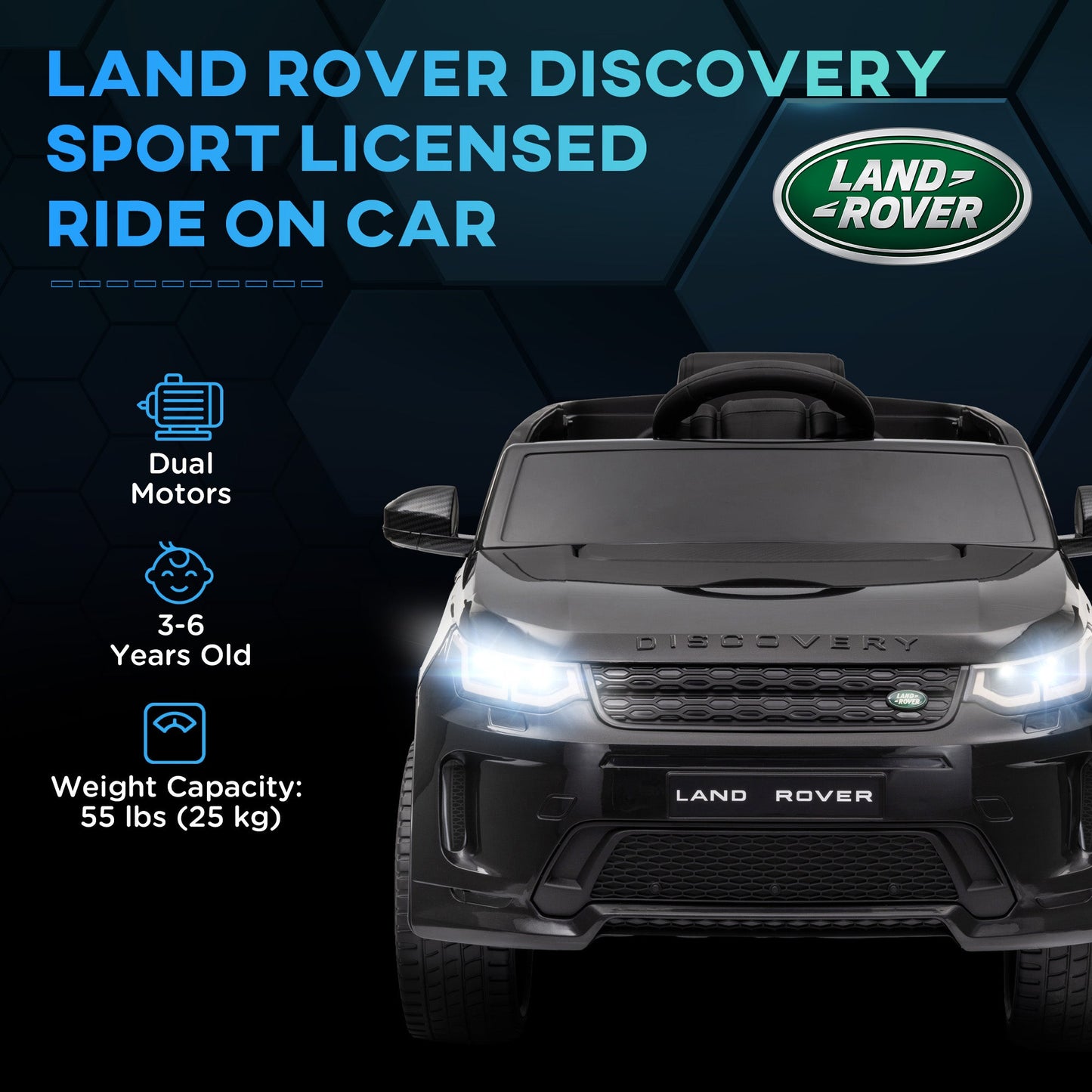 سيارة ركوب للأطفال من AIYAPLAY Land Rover Discovery Sport مرخصة بقوة 12 فولت مع جهاز تحكم عن بعد وأضواء وموسيقى وبوق، للأطفال من سن 3 إلى 6 سنوات، لون أسود