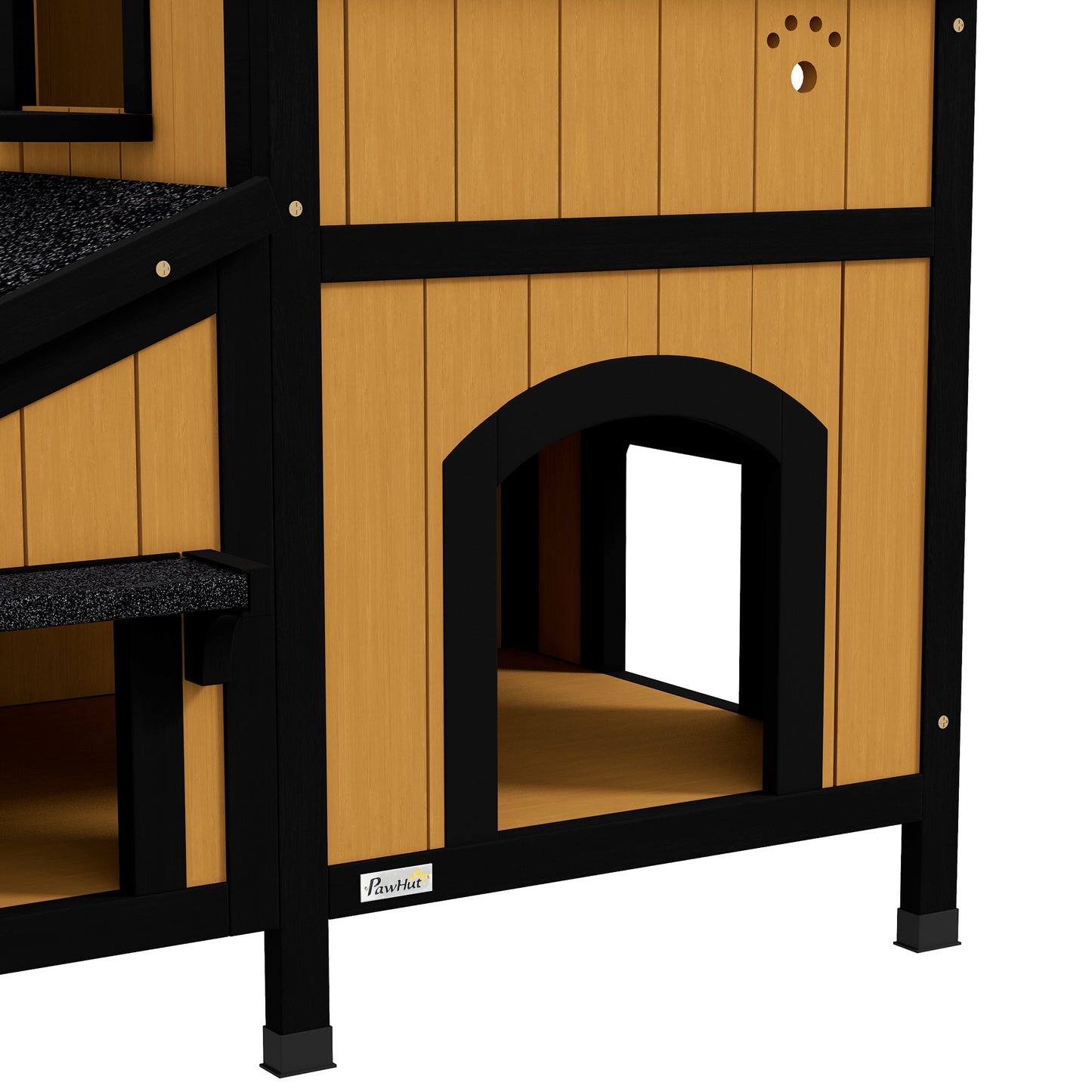 PawHut Wooden Cat House with Flower Pot, Windows, Multiple Entrances, Water-Resistant Roof for Outdoor - Yellow