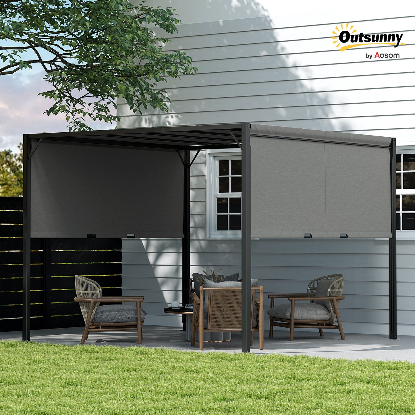 Outsunny 3 X 3 metry pergola z rozsuwanym dachem, altana ogrodowa z regulowanym daszkiem przeciwsłonecznym i stalową ramą, antracyt