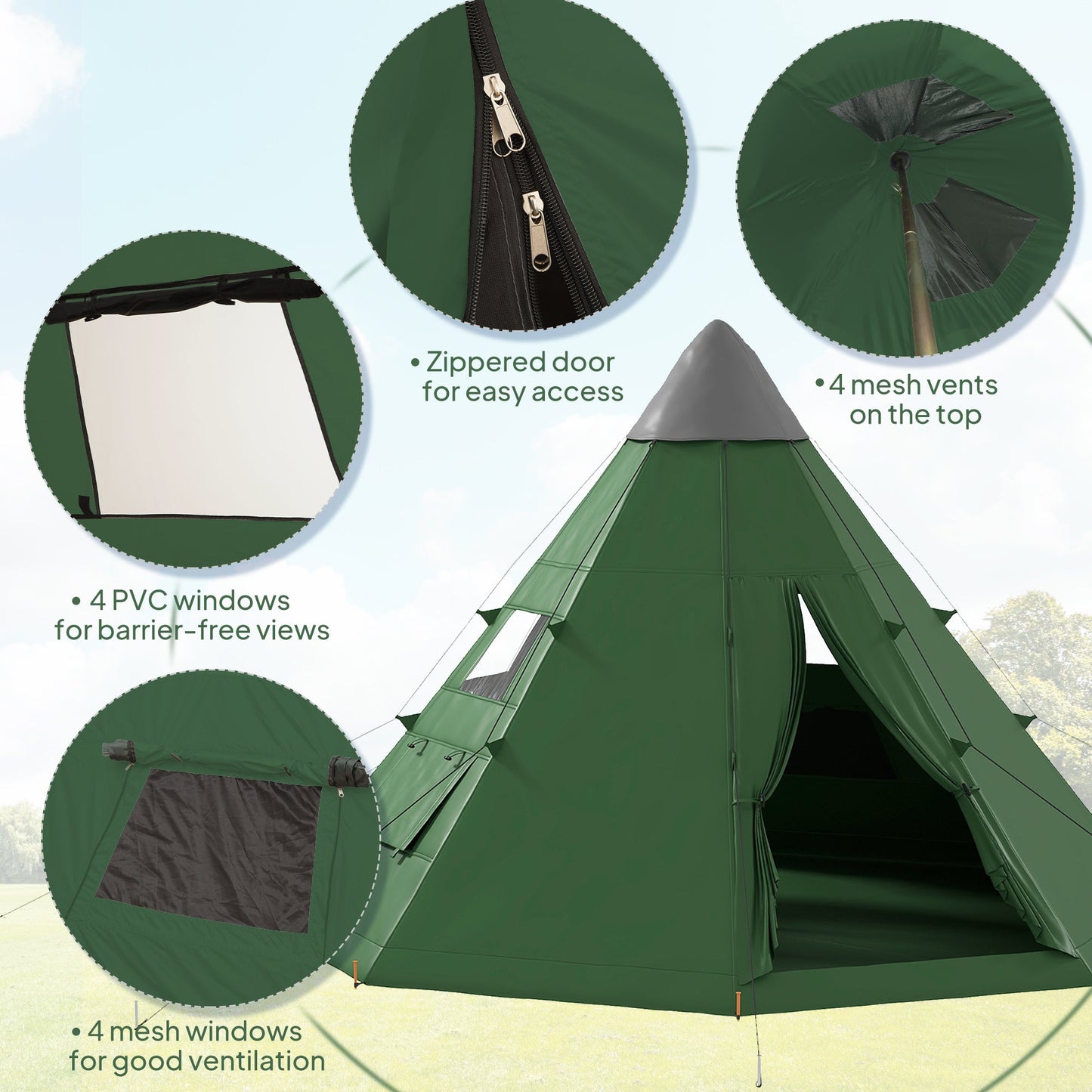 Outsunny 6 Men Tipi Tent with Carry Bag - Green