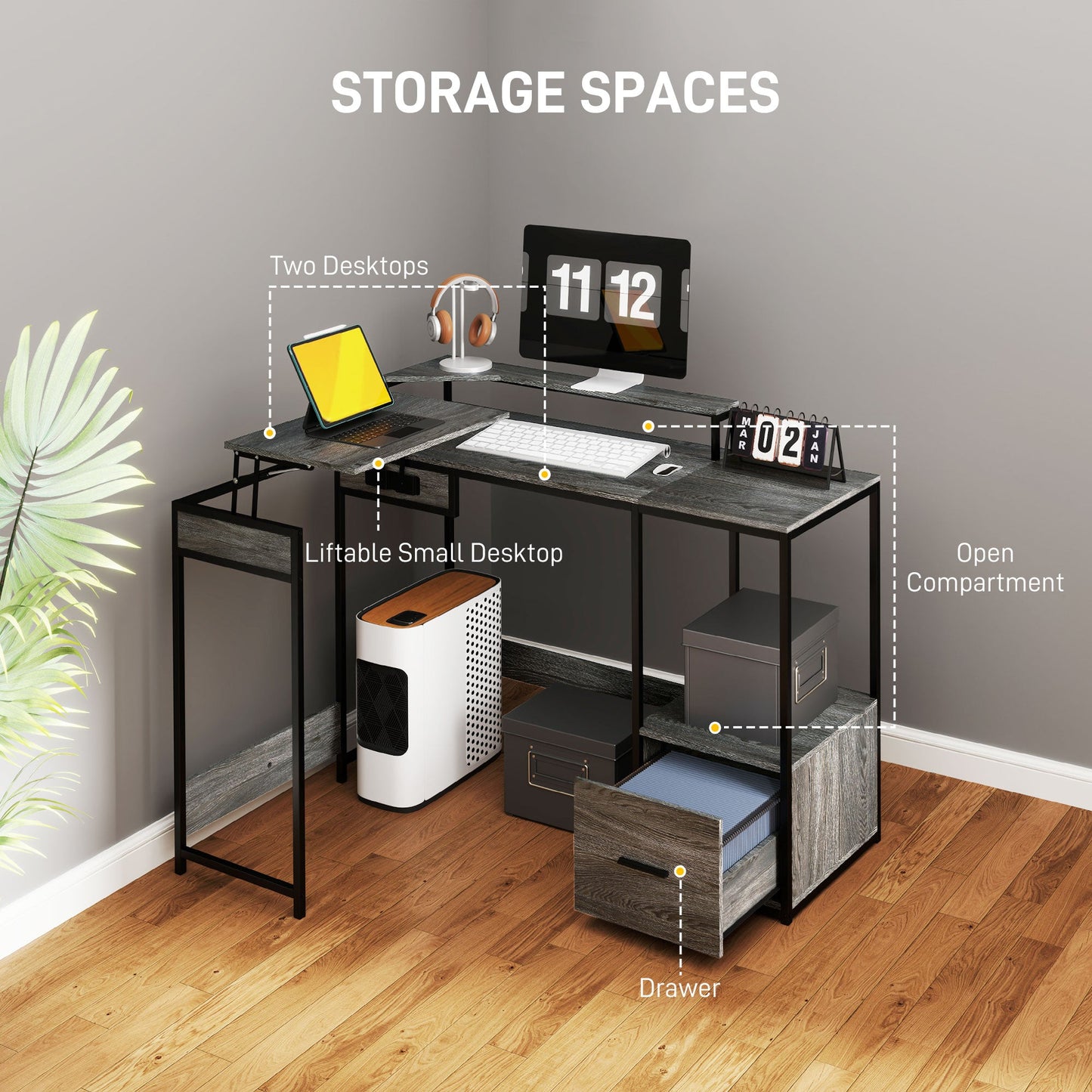 HOMCOM Industrial 'L' Shaped Multi-Work Desk - antracytowy
