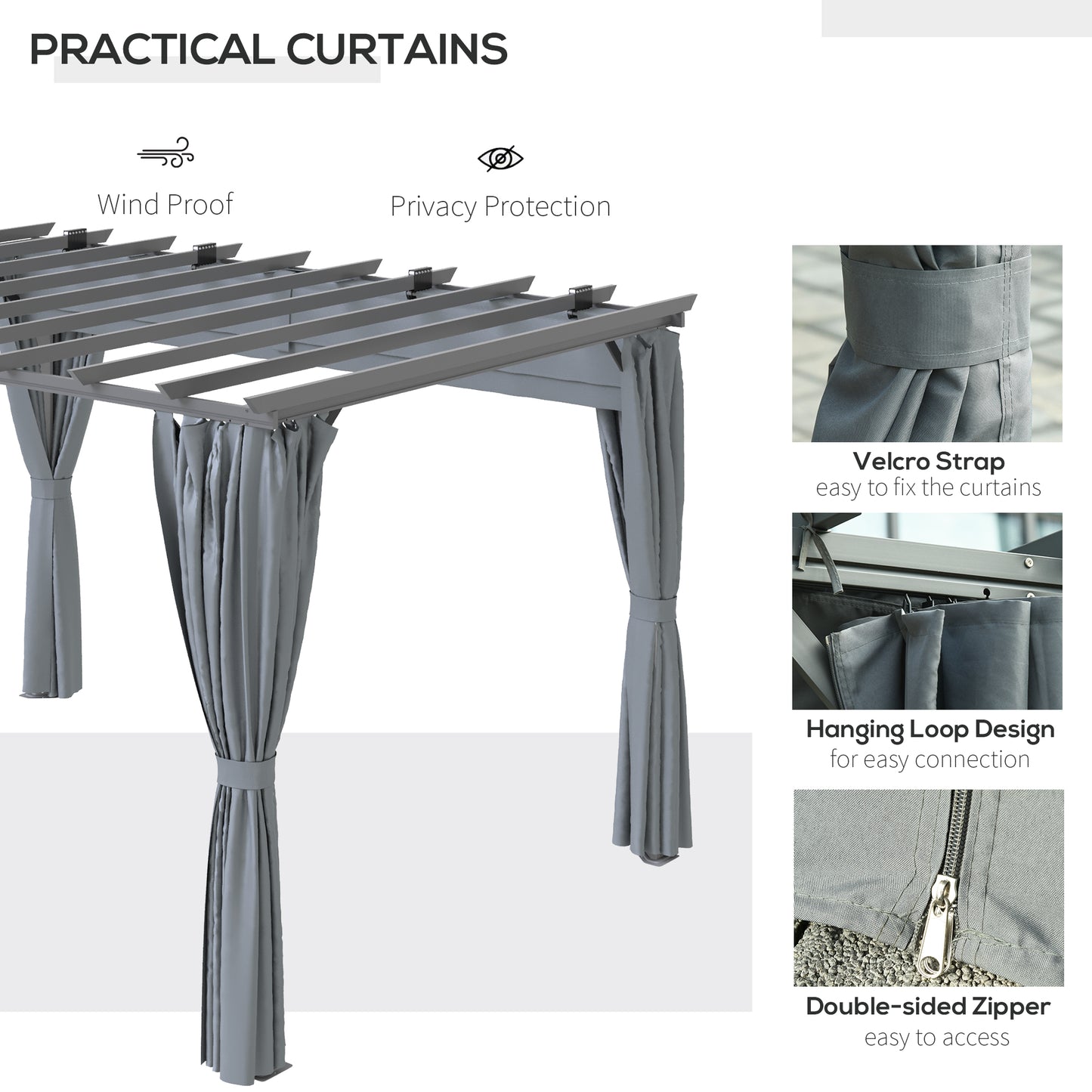 Outsunny 3.6 x 3(m) Outdoor Pergola with Retractable Roof and Curtains, Garden Gazebo Canopy Sun Shade Shelter with Aluminum Frame, Dark Grey