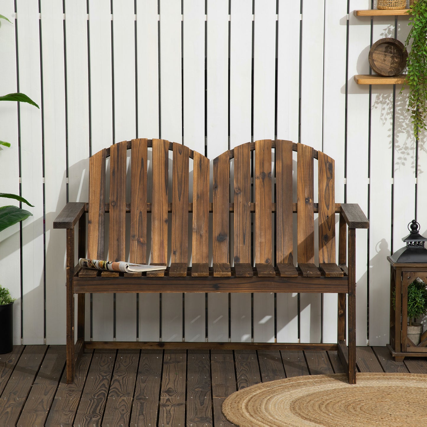 Outsunny Outdoor Drewniana Ławka Ogrodowa, Patio Doubleseat Chair z Listwowym Oparciem i Gładkimi Podłokietnikami dla Dwóch Osób, Do Ogrodu, Trawnika, Werandy, Wykończenie Karbonizowane