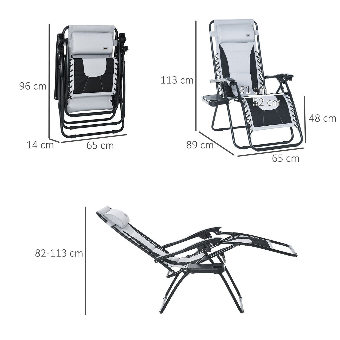 Outsunny Zero Gravity Lounger Chair, składany rozkładany fotel ogrodowy z wyściełanym siedziskiem, uchwytem na kubek, miękką poduszką i zagłówkiem do użytku przy basenie, kempingowy, jasnoszary