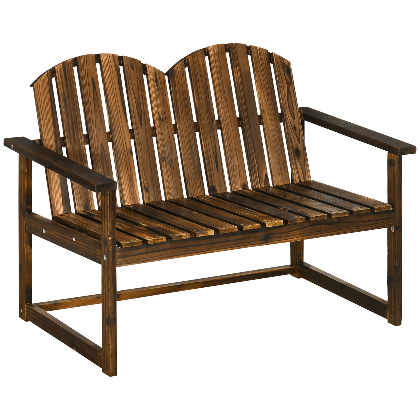 Outsunny Outdoor Drewniana Ławka Ogrodowa, Patio Doubleseat Chair z Listwowym Oparciem i Gładkimi Podłokietnikami dla Dwóch Osób, Do Ogrodu, Trawnika, Werandy, Wykończenie Karbonizowane
