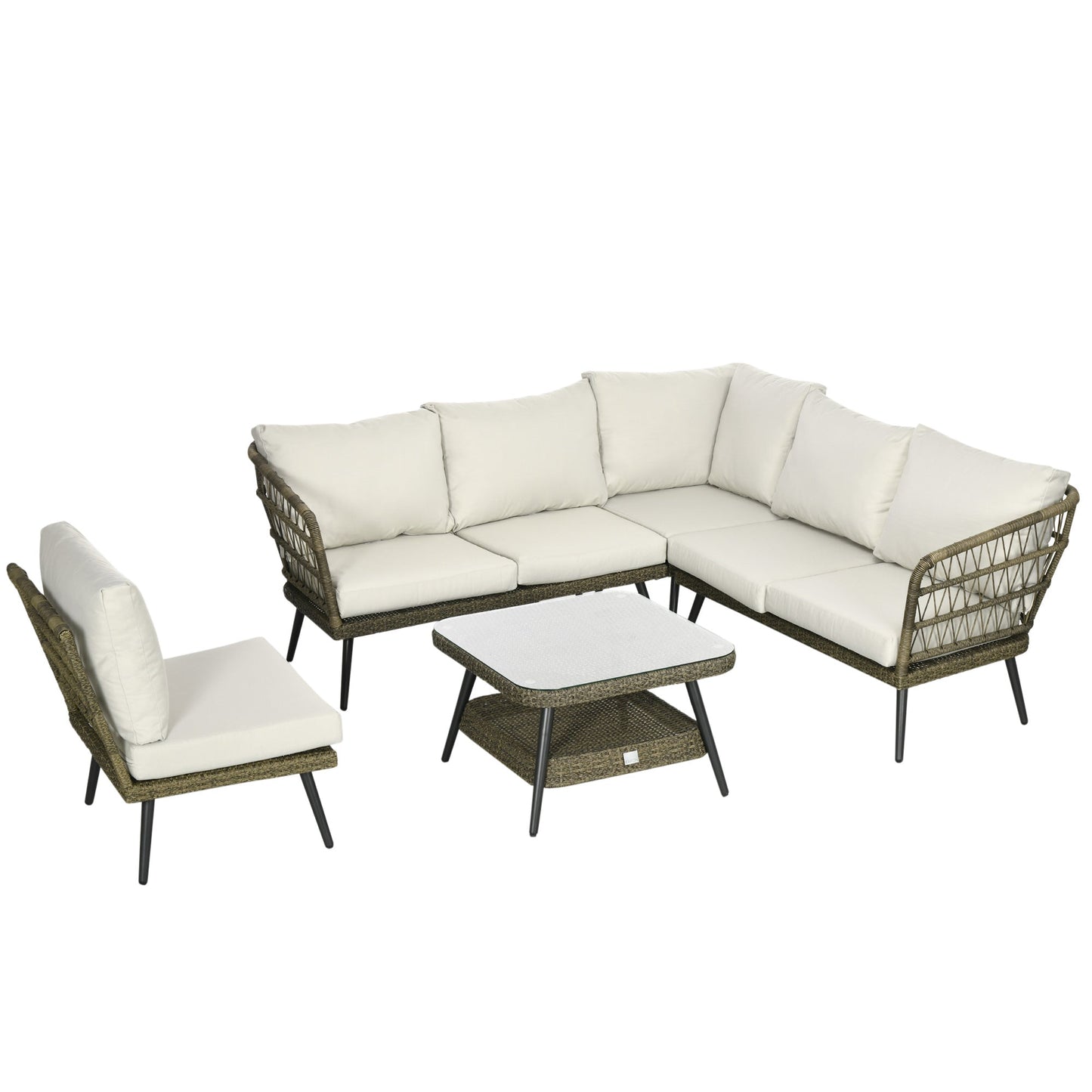 Outsunny 5-częściowa narożna sofa ogrodowa z rattanu, okrągła i podwójna, półokrągła, pleciona, rattanowa, meble ogrodowe z grubymi, wyściełanymi poduszkami i blatem ze szkła hartowanego, dwupoziomowy stół, szary