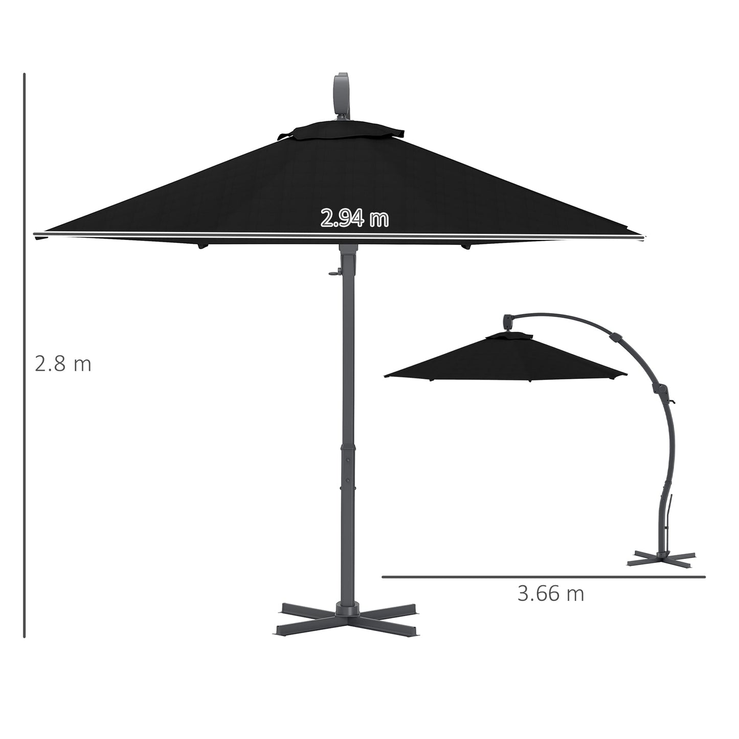 Outsunny 3(m) Parasol ogrodowy z wysięgnikiem, okrągły parasol z korbką, podstawą krzyżową, aluminiową ramą i obrotem 360√Ǭ∞, parasol tarasowy typu banan do ochrony przed słońcem na zewnątrz, czarny