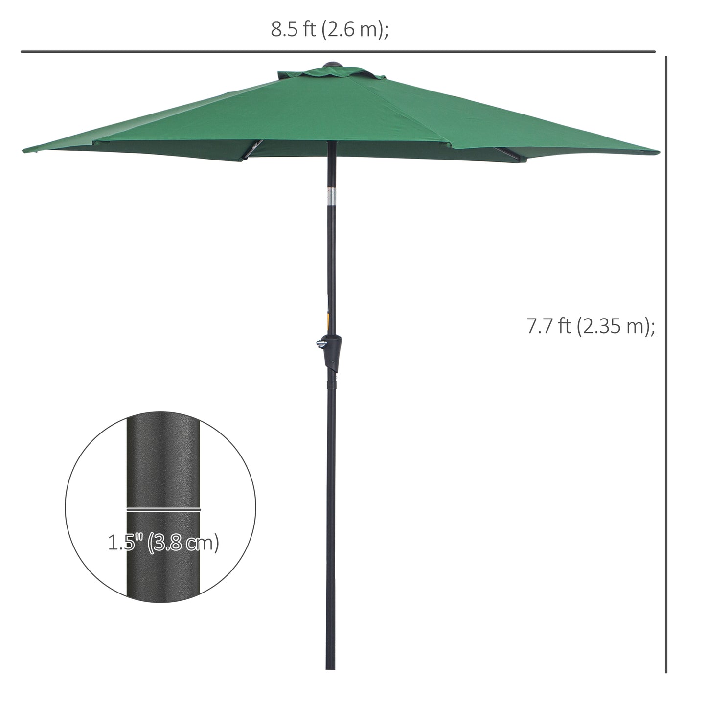 Outsunny 2,6M Parasol ogrodowy z pochyleniem i korbą, zewnętrzny parasol przeciwsłoneczny z aluminiową ramą, zielony
