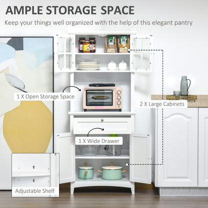 HOMCOM Kitchen Cupboard, Wooden Storage Cabinet with Framed Glass Door, Drawer, Microwave Space for Dining and Living Room, White