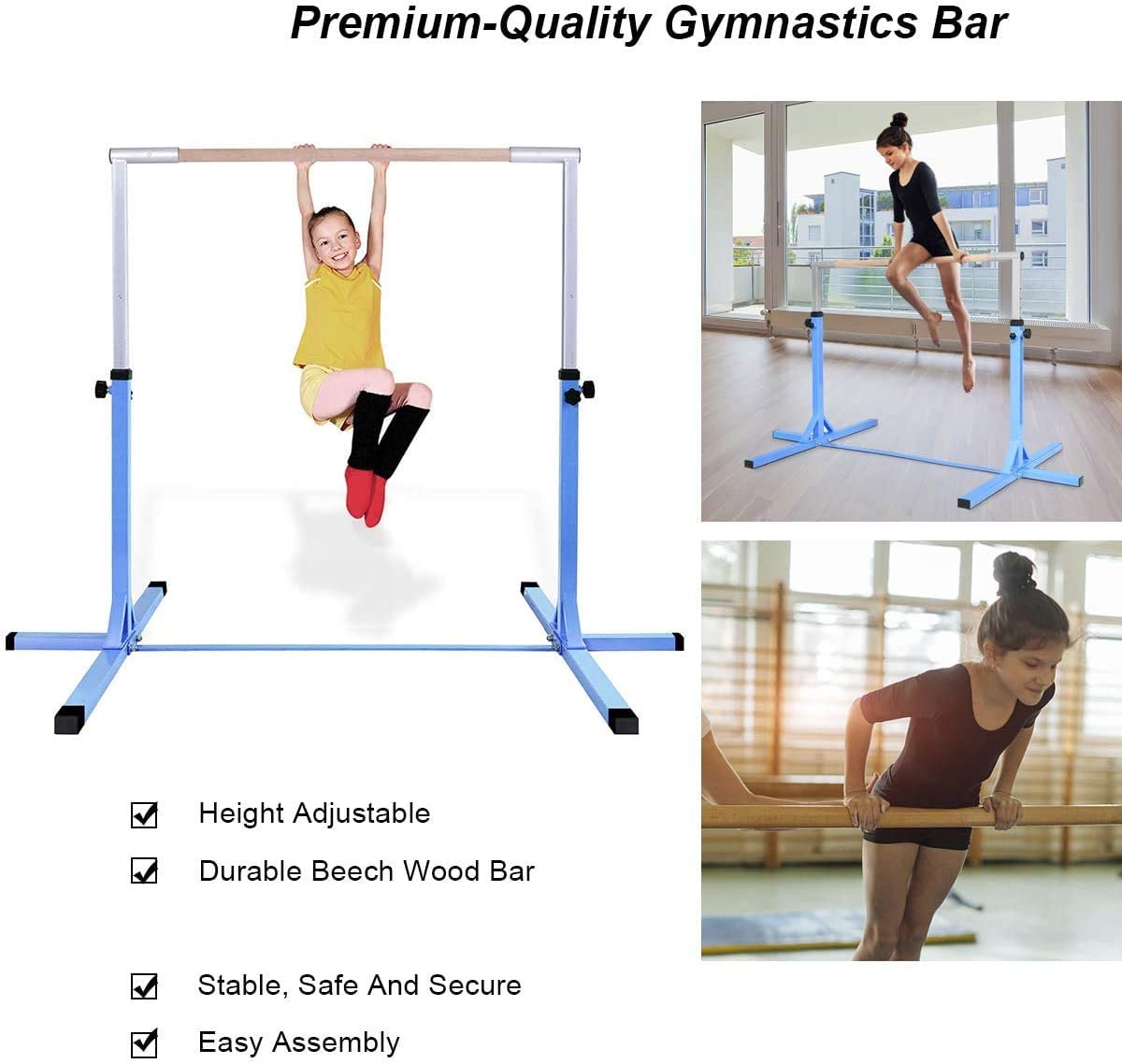 Children's Height Adjustable Gymnastics Training Bar, 90-150cm-Blue