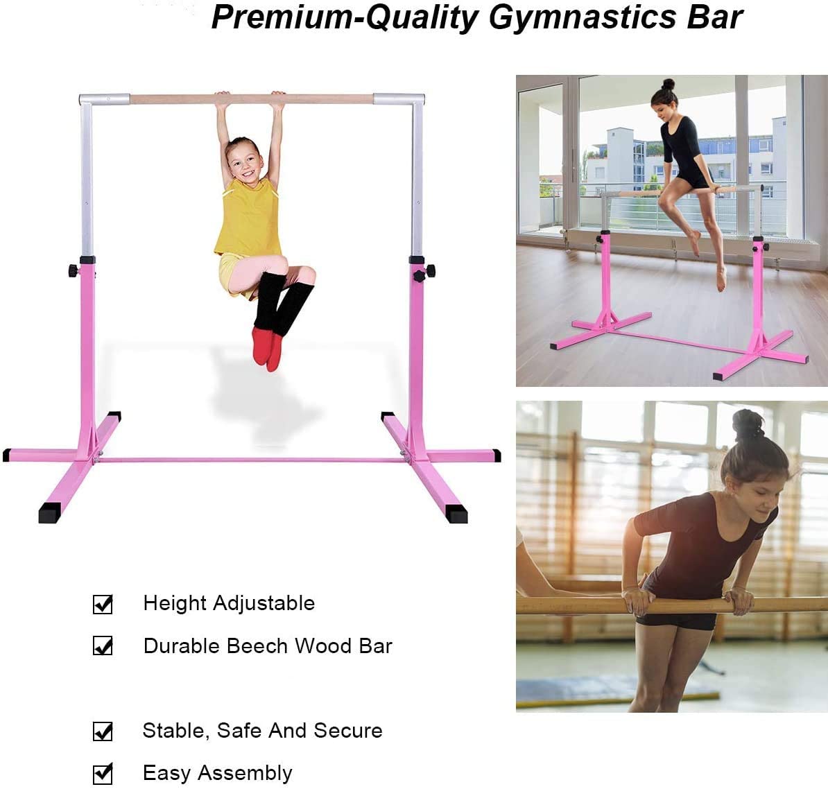 Children's Height Adjustable Gymnastics Training Bar, 90-150cm-Pink