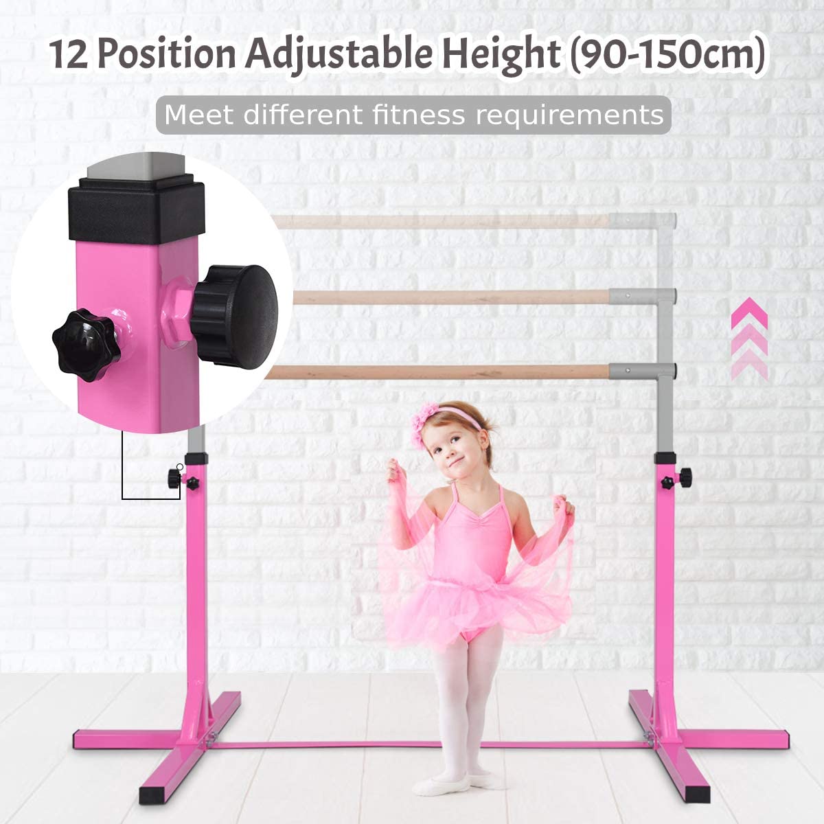 Children's Height Adjustable Gymnastics Training Bar, 90-150cm-Pink