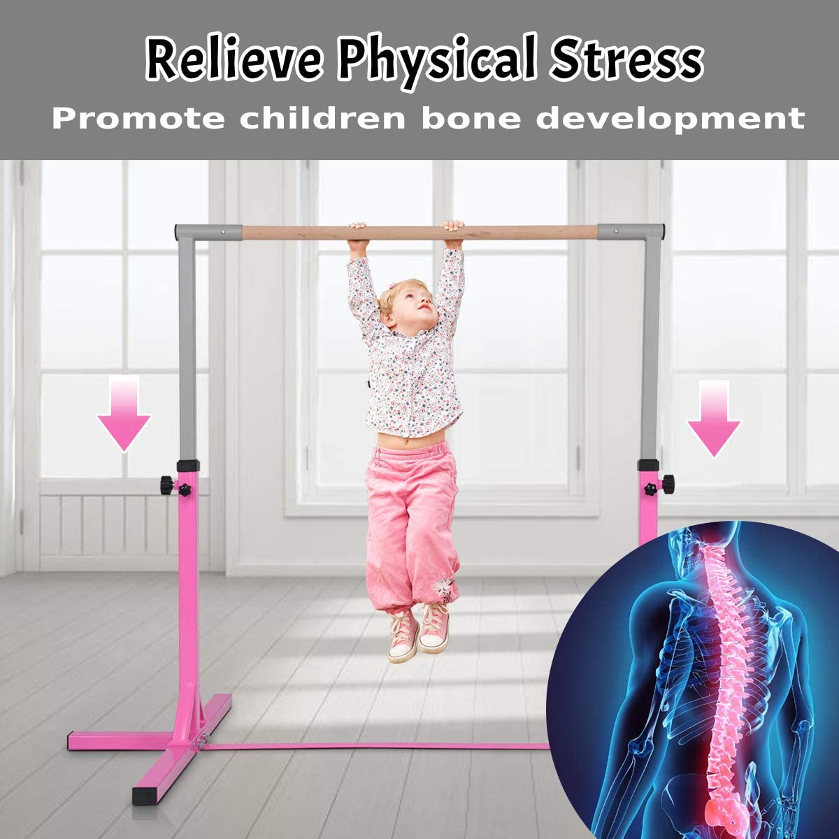 Children's Height Adjustable Gymnastics Training Bar, 90-150cm-Pink