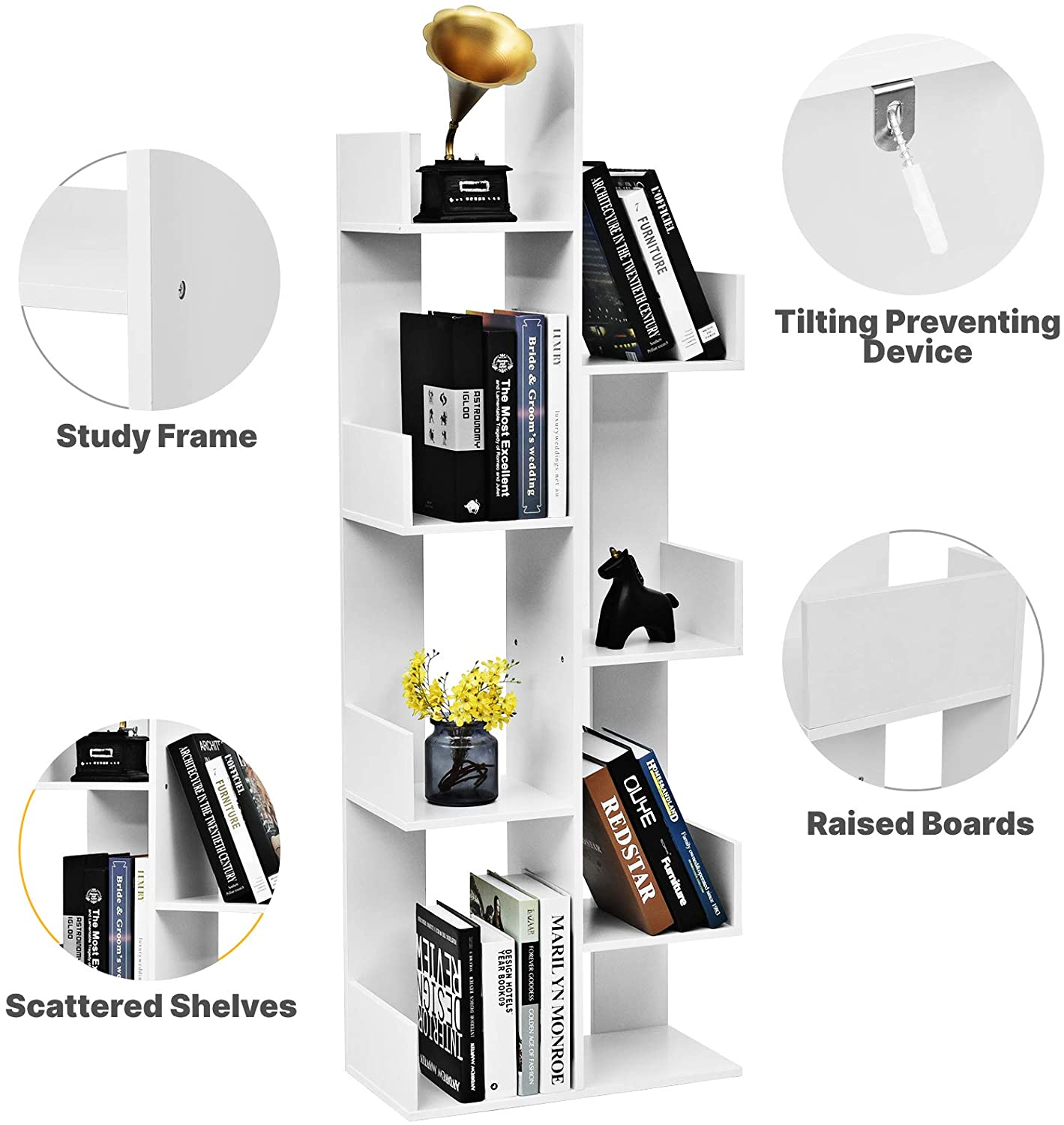 8-Tiers Floor Standing Tree Shaped Bookshelf-White