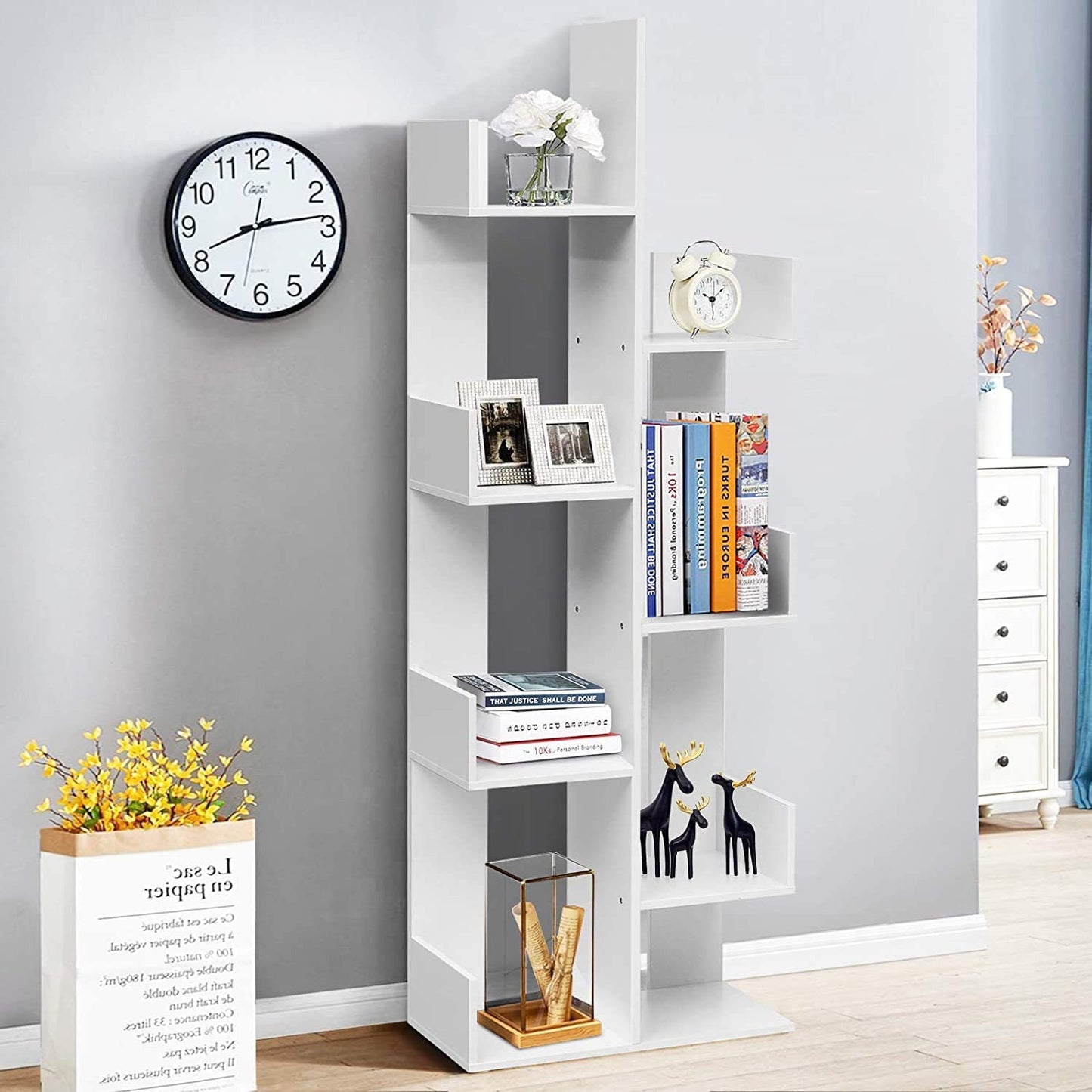 8-Tiers Floor Standing Tree Shaped Bookshelf-White
