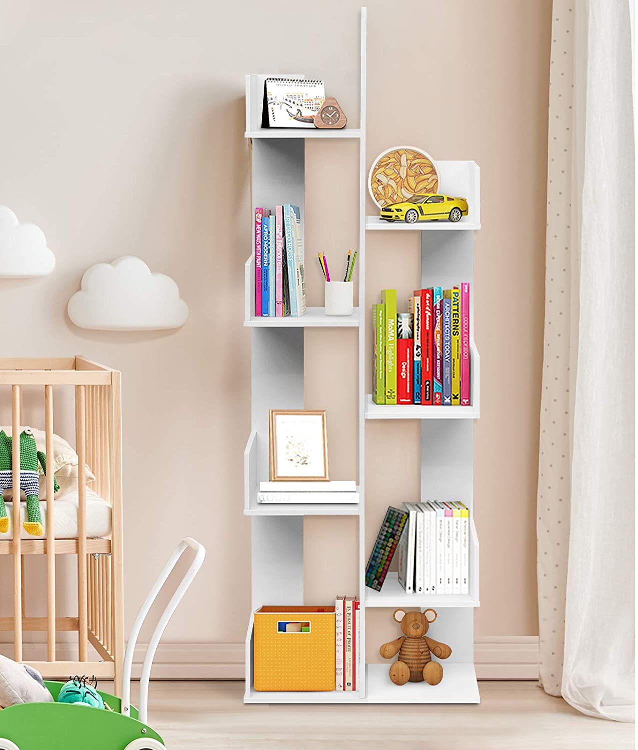 8-Tiers Floor Standing Tree Shaped Bookshelf-White