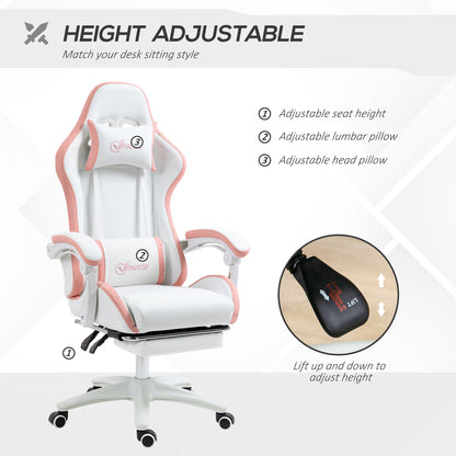 Vinsetto Computer Gaming Chair, PU Leather Desk Chair with Footrest, Swivel Task Chair with 135¡ Reclining Back and Lumbar Support, PC Chair for Adults, White and Pink