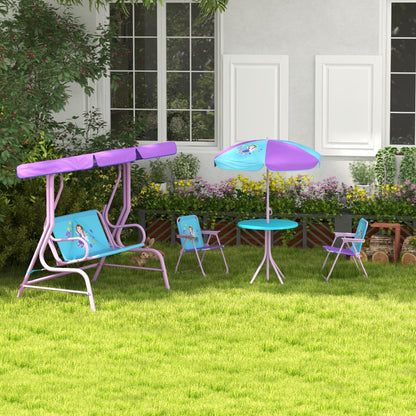 4 Piece Kids Garden Furniture Set With 2 Seater Garden Swing Chair Adjustable Canopy, Childrens Table & Chair Set For Toddler Girls 3-6 Years Old