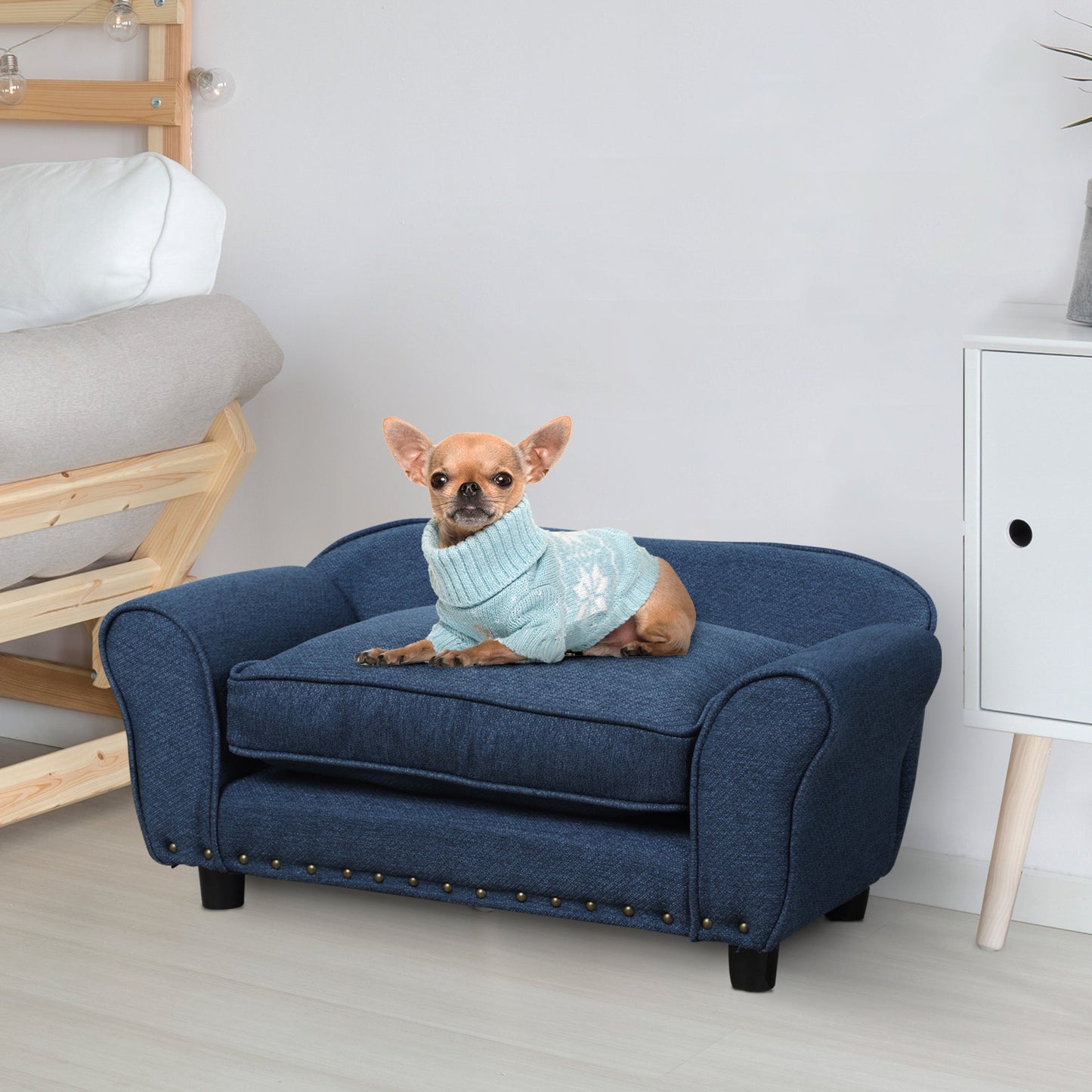 PawHut Dog Sofa for XS and S Size Dogs, Pet Chair Couch with Thick Sponge Padded Cushion, Kitten Lounge Bed with Washable Cover, Wooden Frame - Blue