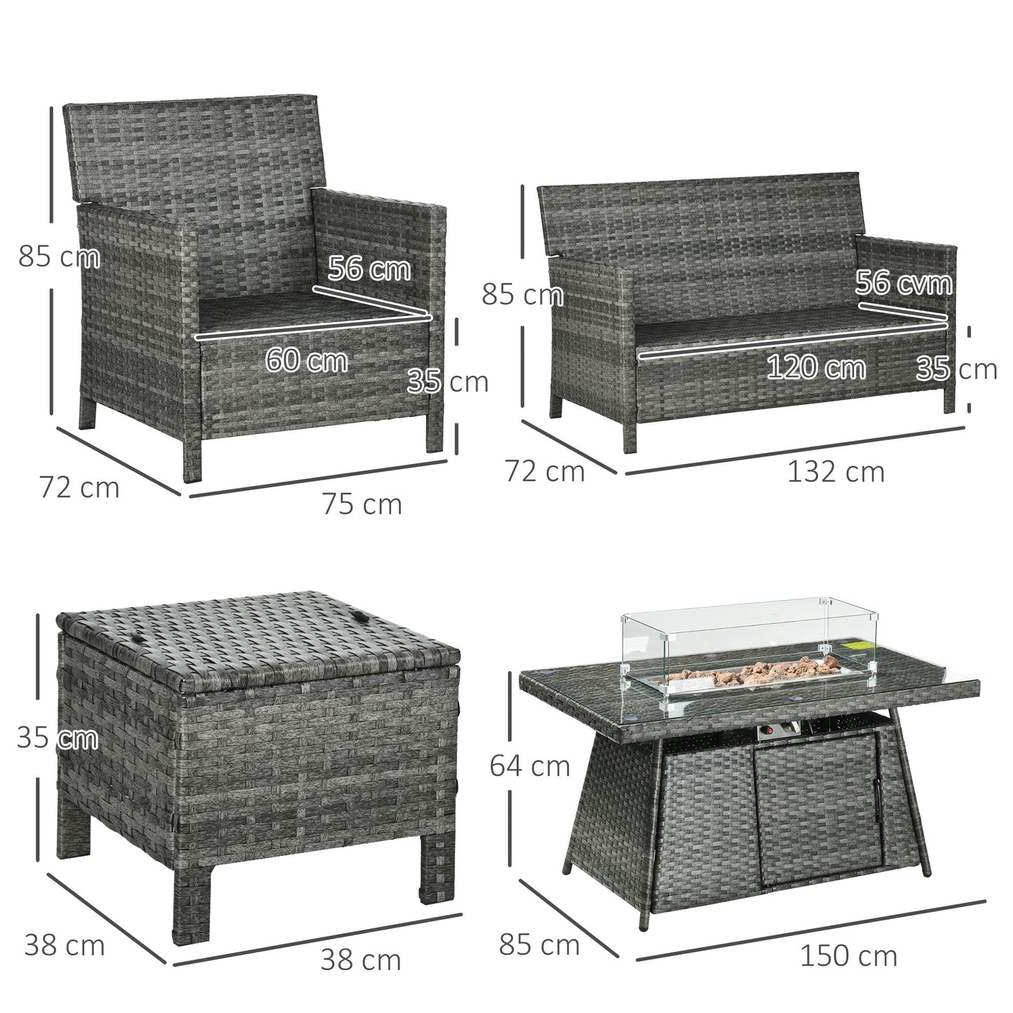 Zestaw mebli ogrodowych Outsunny 6 Seater Rattan, stół z paleniskiem gazowym, wiklinowa kanapa dwuosobowa, 2 fotele i 2 podnóżki, 6-częściowy zestaw mebli ogrodowych z rattanu z poduszkami do ogrodu zimowego, szary