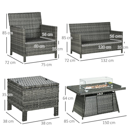 Zestaw mebli ogrodowych Outsunny 6 Seater Rattan, stół z paleniskiem gazowym, wiklinowa kanapa dwuosobowa, 2 fotele i 2 podnóżki, 6-częściowy zestaw mebli ogrodowych z rattanu z poduszkami do ogrodu zimowego, szary