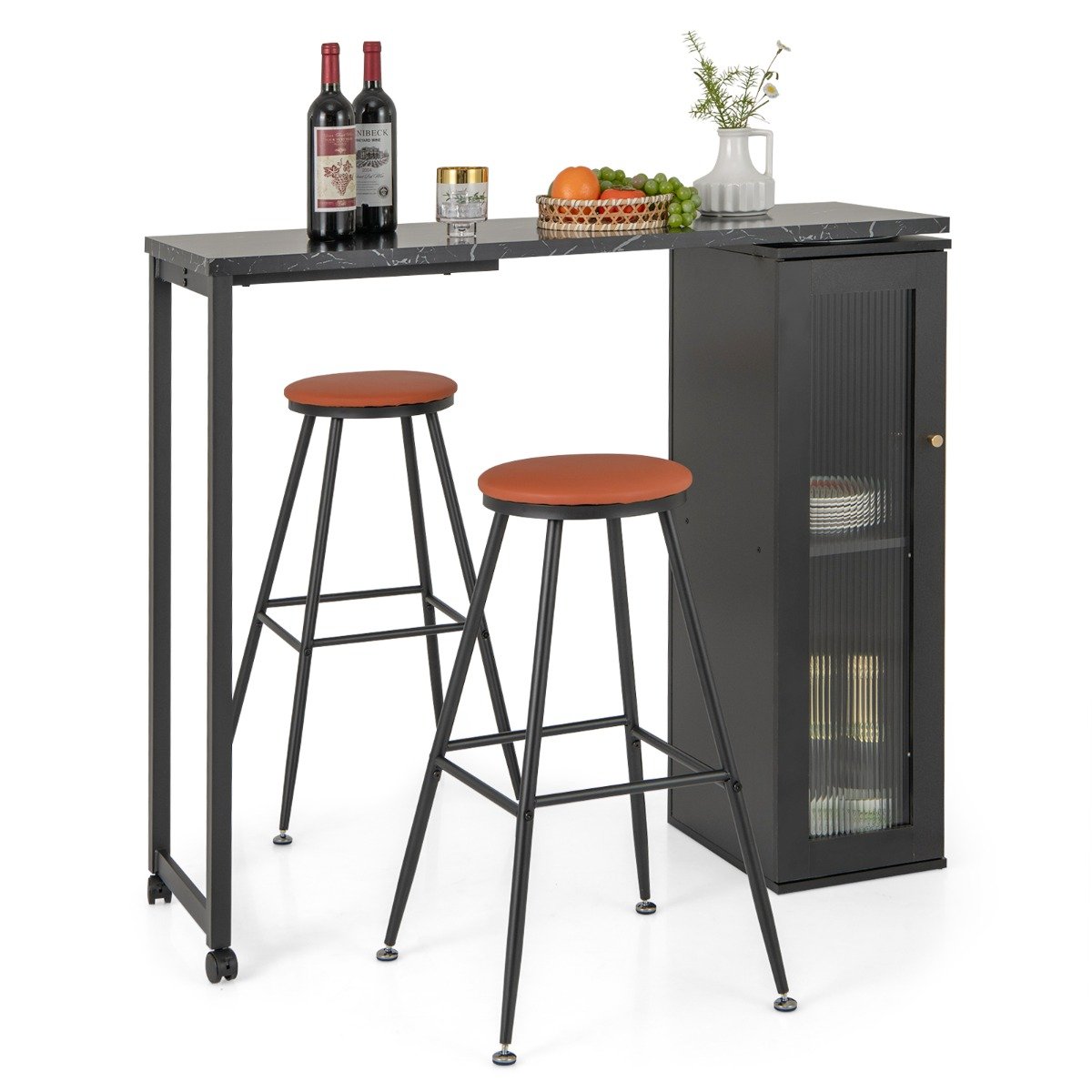 Swivelling Top Bar Table and Chairs Set of 3 with Storage Cabinet-Black