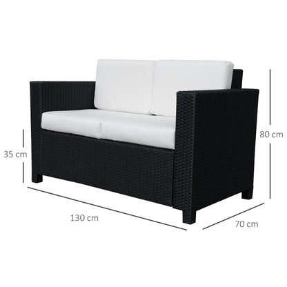 Sofa rattanowa Outsunny, 2-osobowa ogrodowa z miękką wyściółką i podłokietnikami, wiklinowa ogrodowa sofa dwuosobowa na patio, czarna