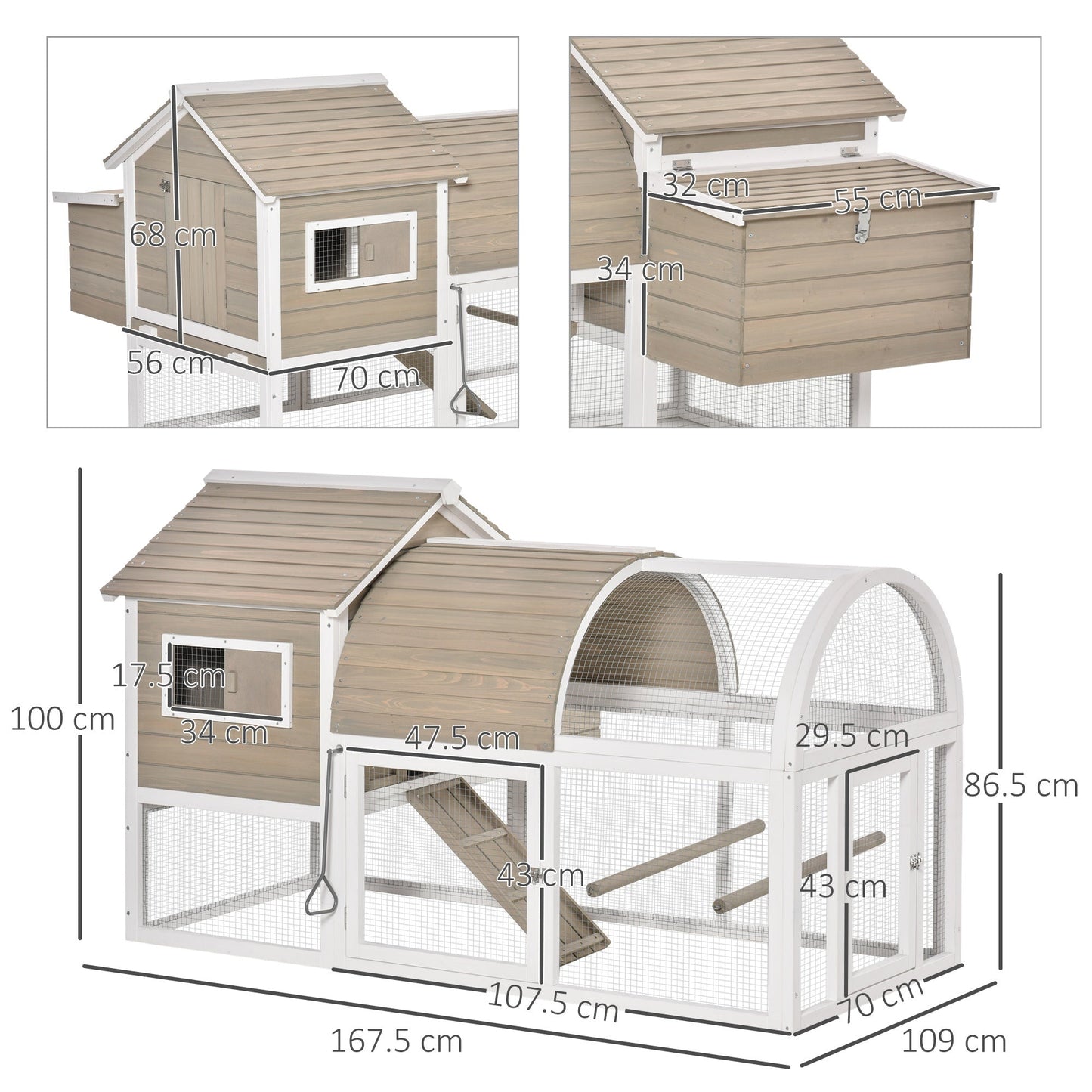 PawHut Wooden Chicken Coop Outdoor Hen House with Removable Tray Nesting Box Grey