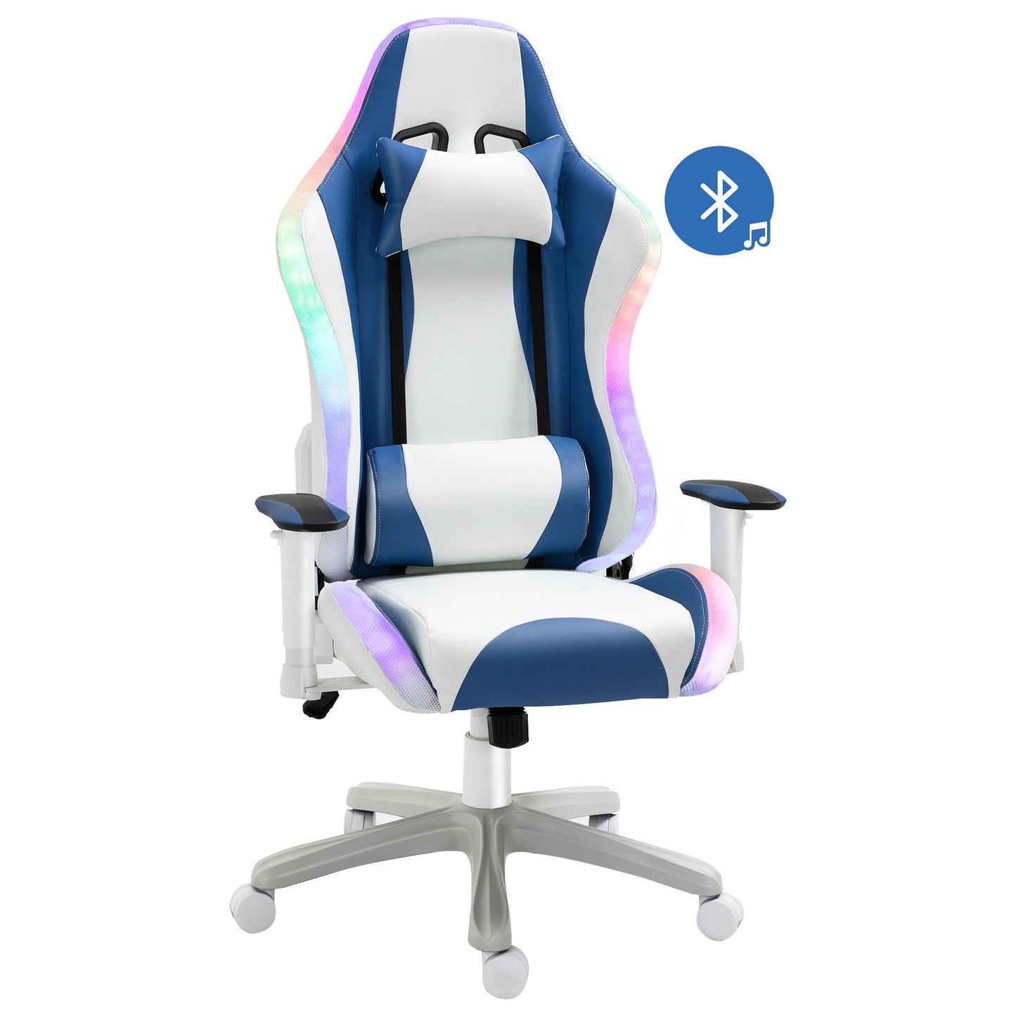 Vinsetto Video Game Chair with RGB LED Light, Bluetooth Speakers Music Racing Gaming Chair PU Leather 360° Swivel with Headrest Pillow, White