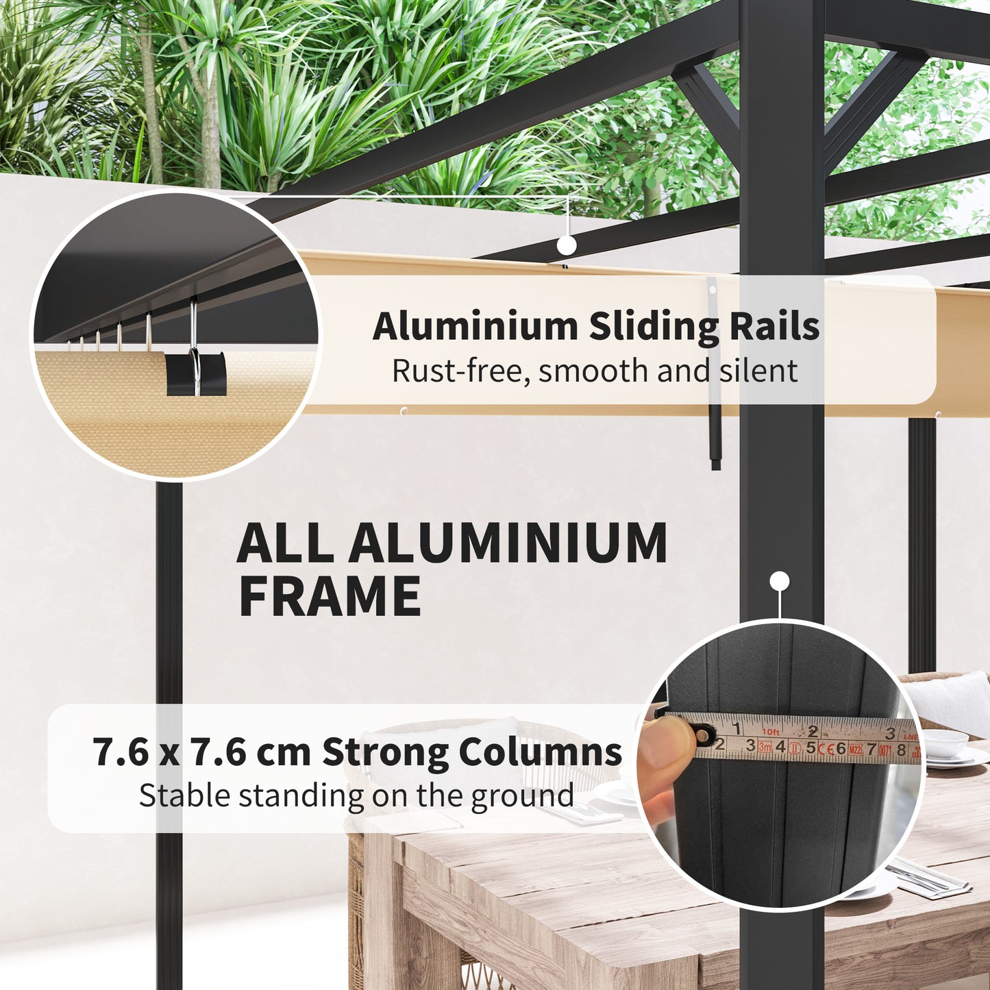 Pergola aluminiowa Outsunny 3 x 3 m z rozsuwanym dachem i ścianą w kolorze khaki