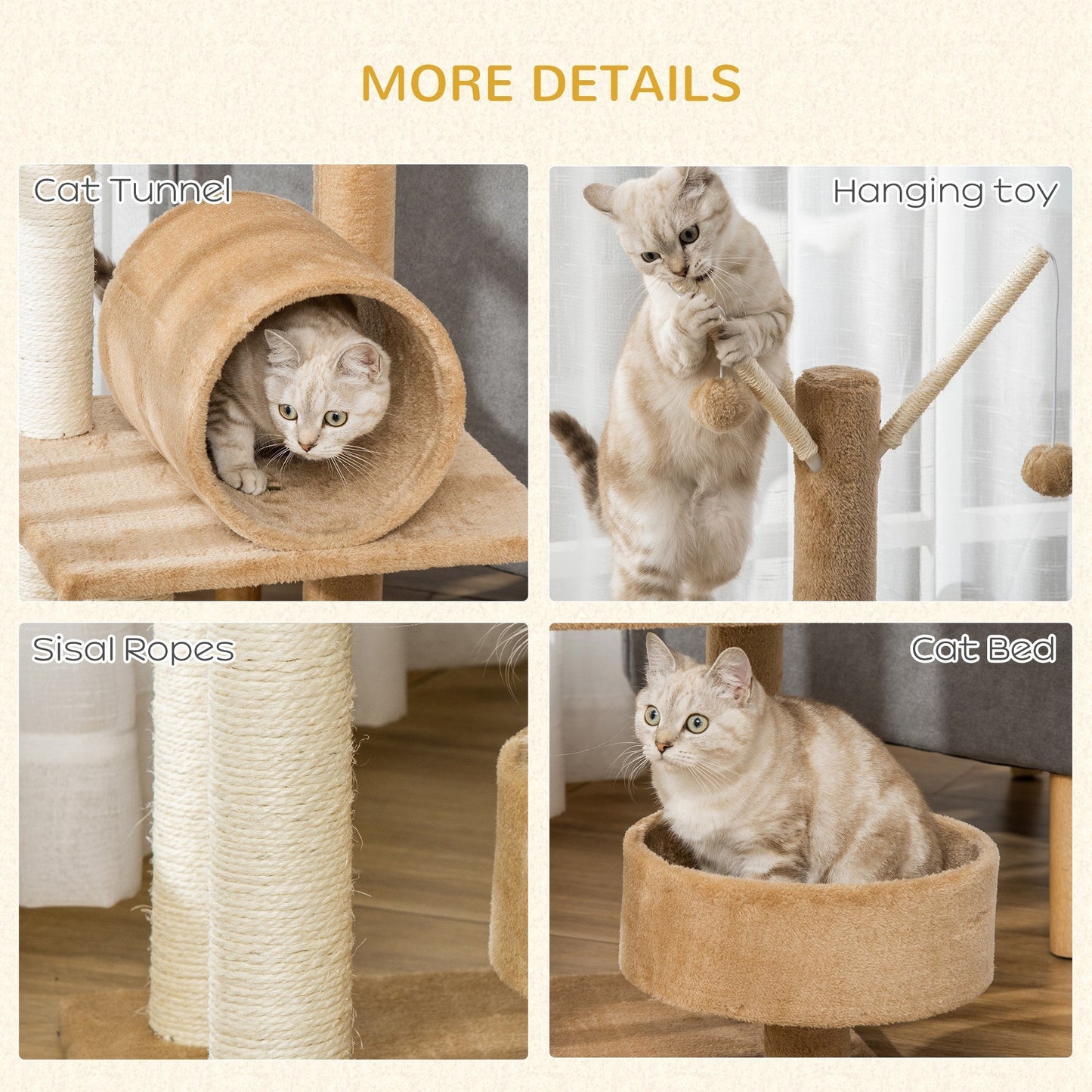 PawHut 121cm Cat Tree Tower Kitten Activity Center Scratching Post with Bed Tunnel Perch Interactive Ball Toy Brown