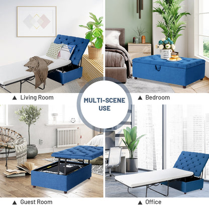 Folding Ottoman Sleeper Bed with Mattress for Guest Bed and Office Nap-Blue
