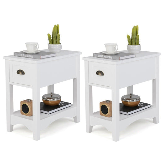 Rectangular Nightstand Set of Two with 1 Drawer 1 Storing Shelf and 4 Solid Rubber wood Legs-White