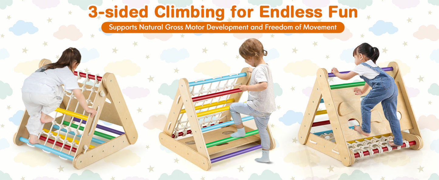 4-in-1 Wooden Triangle Climbing Set with Ramp Sliding Board-Natural